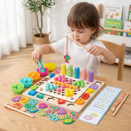 6-in-1 Montessori Wooden Fishing Game – Numbers, Colours & Fine Motor Skills Learning Toy for Kids