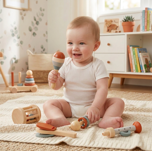 Montessori Wooden Baby Music Set – 5-Piece Sensory Rattle Toy Collection