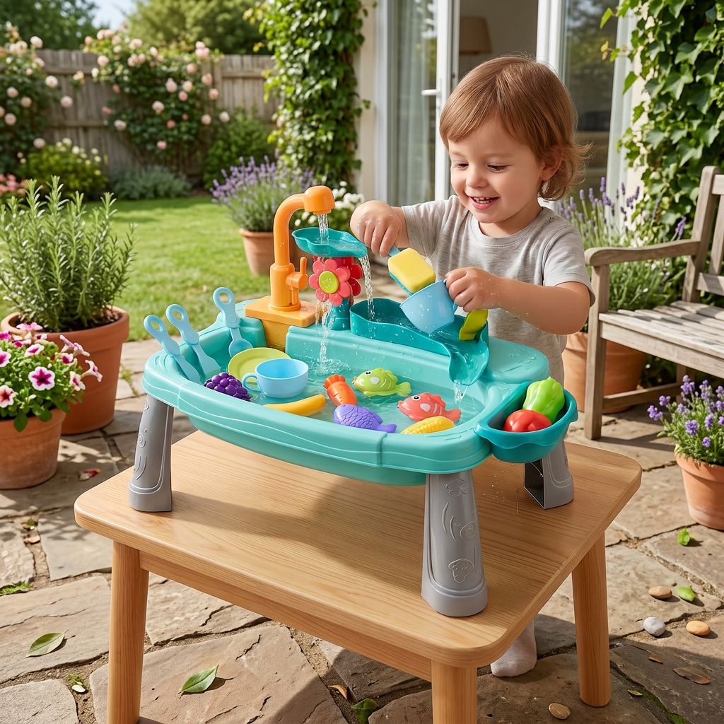 Ergonomic Elevated Kids Kitchen Sink Playset with Electric Running Water