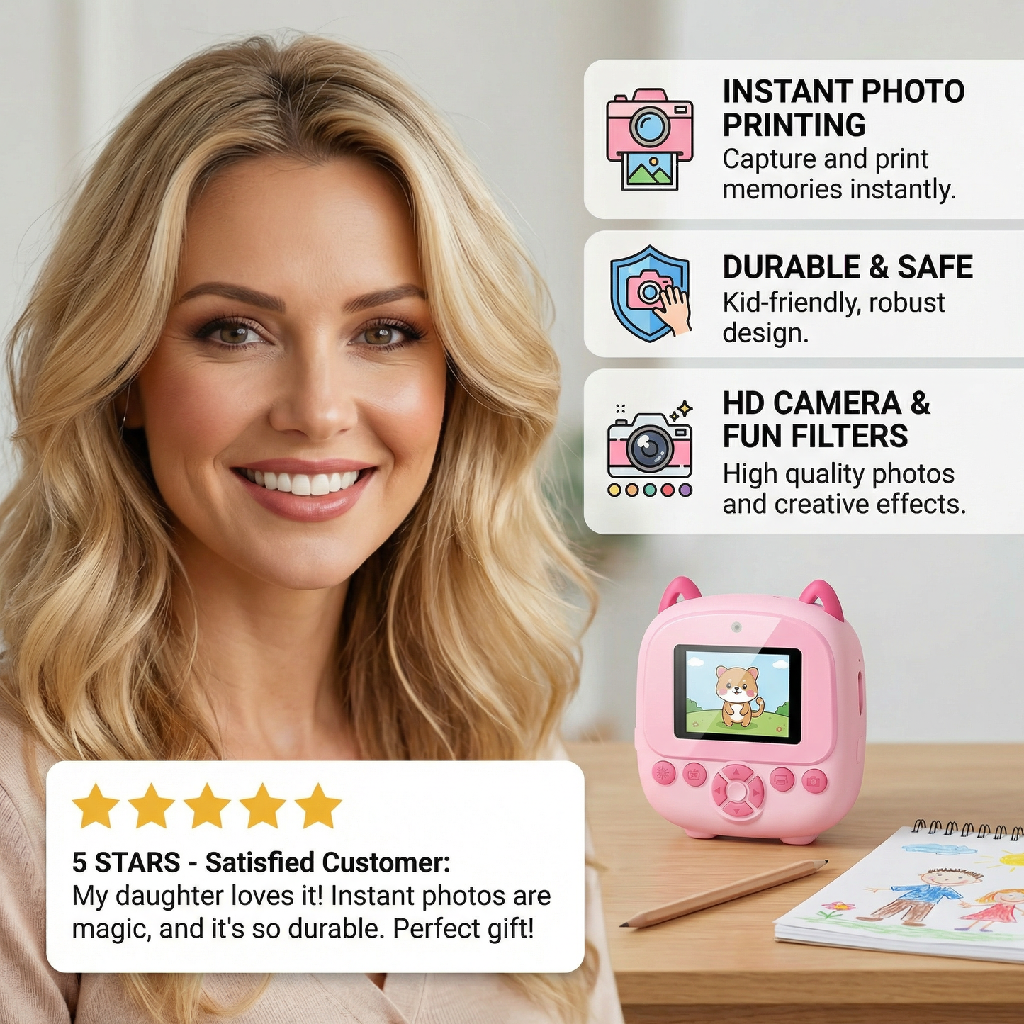 Kids Instant Print Camera – Mini HD Digital Camera with Built-in Printer