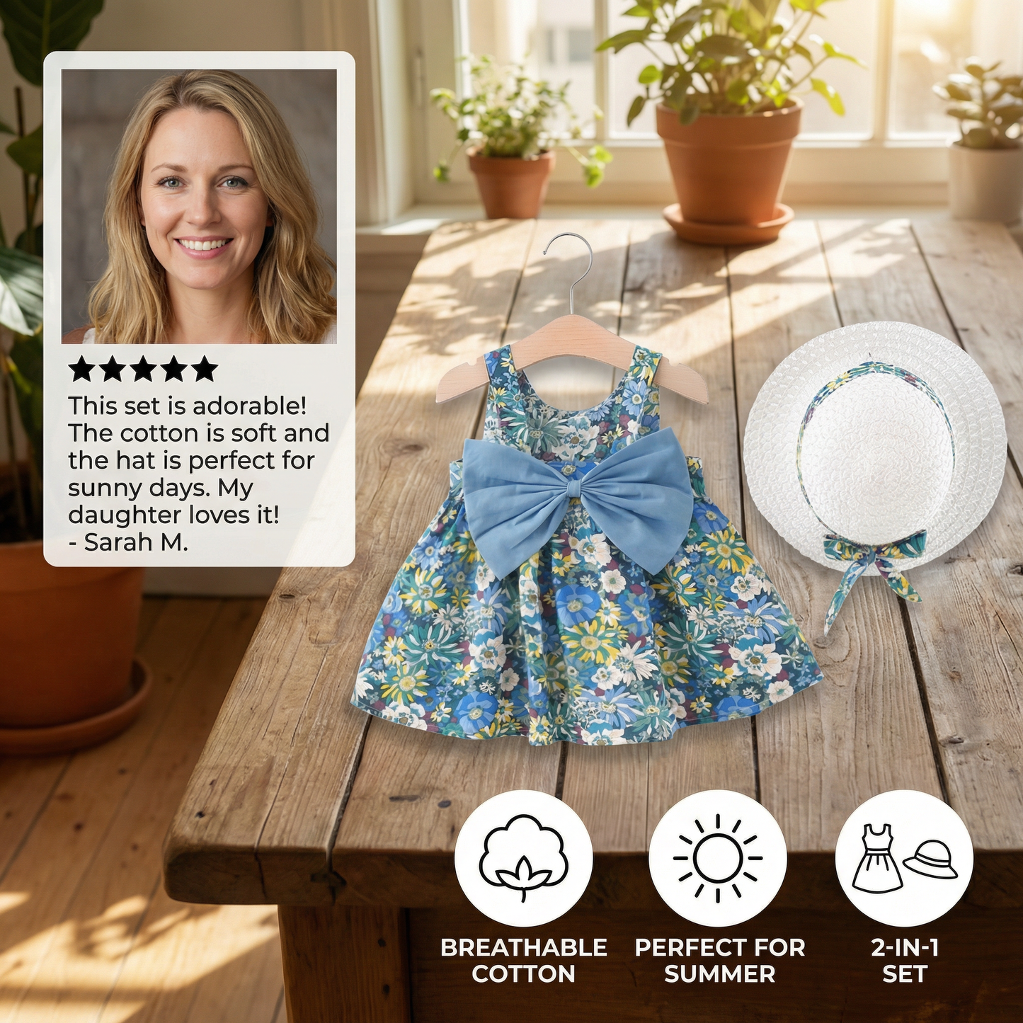 Summer 2-in-1 Girls Dress Set – Sleeveless Cotton Dress with Bow & Floral Sun Hat