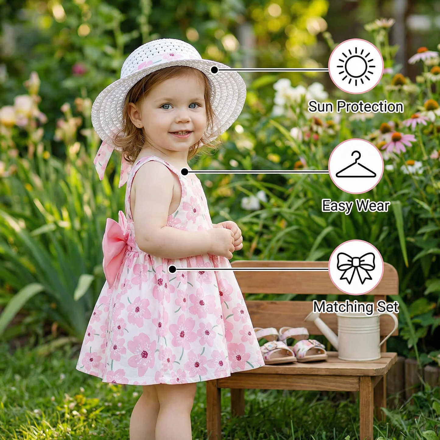 Korean Style 2-Piece Girls Dress Set – Floral Bow Strap Dress with Matching Hat