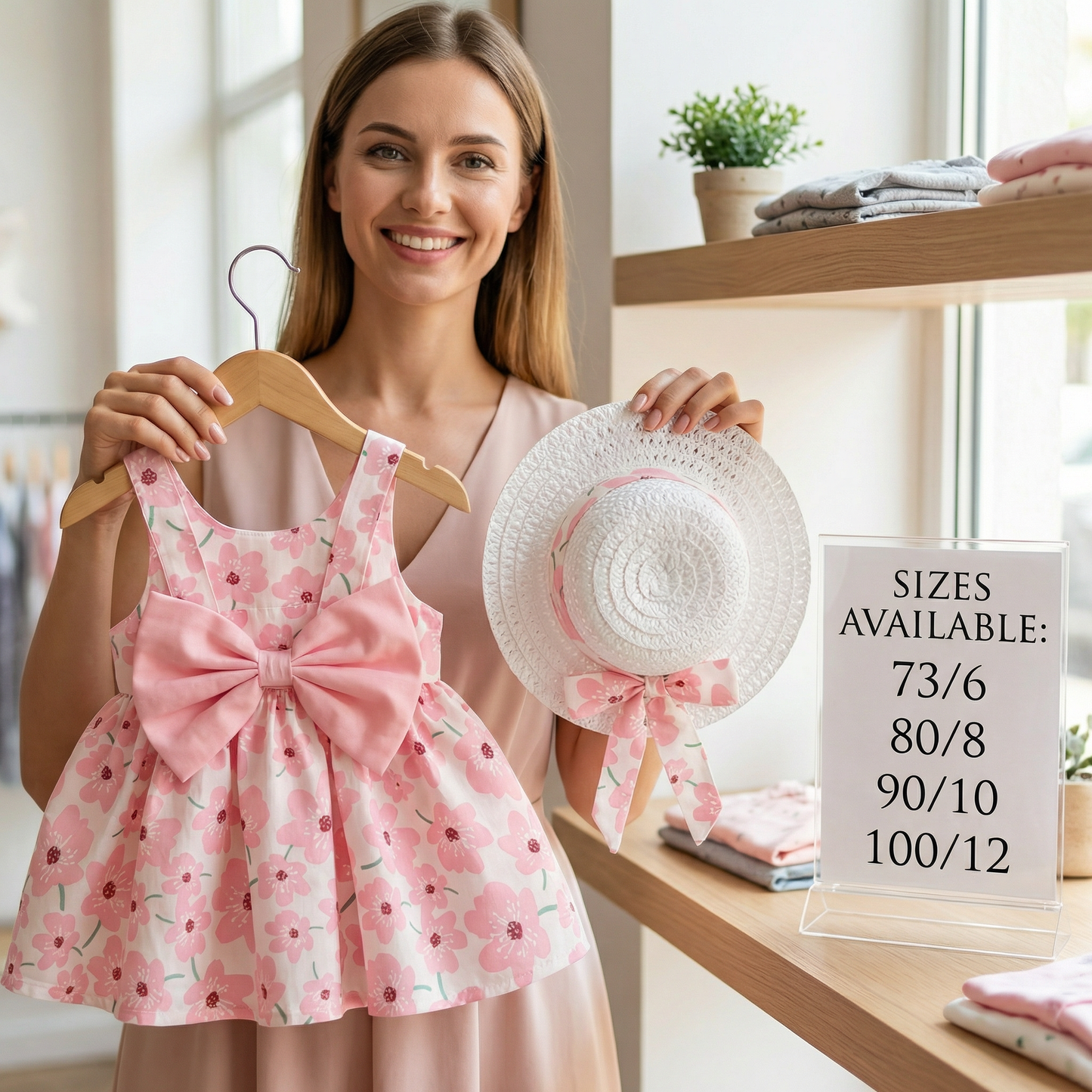 Korean Style 2-Piece Girls Dress Set – Floral Bow Strap Dress with Matching Hat