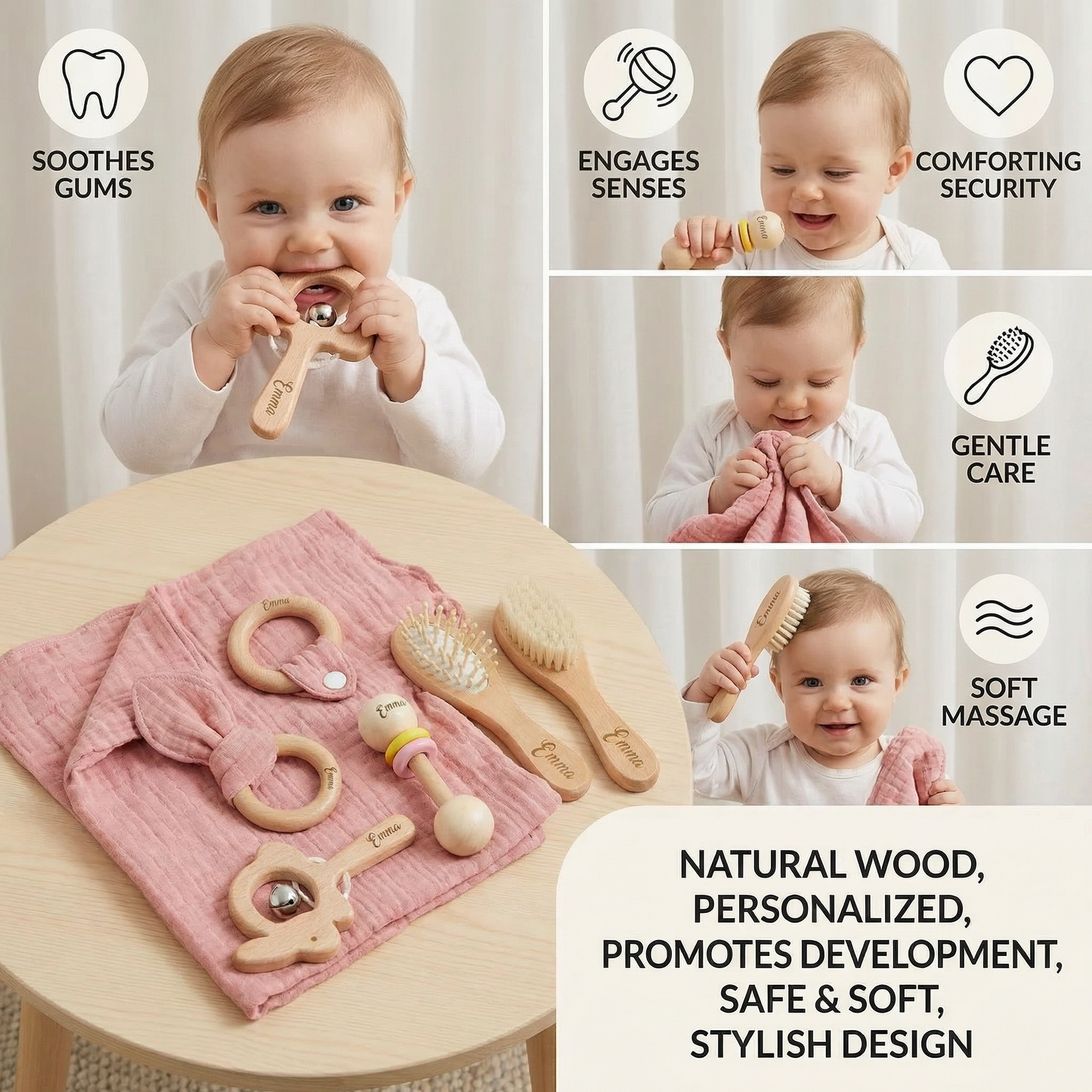 Personalized 6-Piece Baby Gift Set in Wood & Muslin – Teethers, Rattles, Hairbrush & Comfort Blanket with Name Engraving