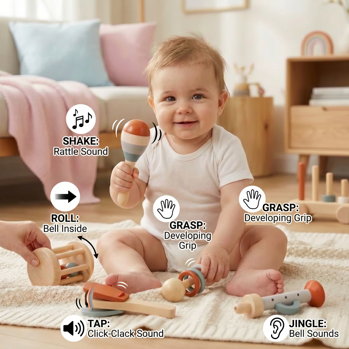 Montessori Wooden Baby Music Set – 5-Piece Sensory Rattle Toy Collection