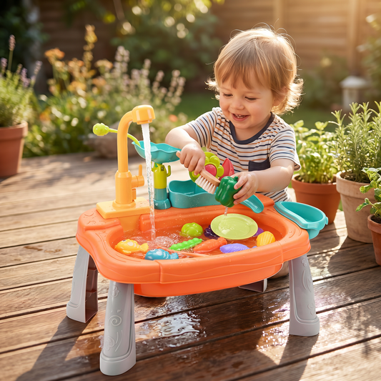 Ergonomic Elevated Kids Kitchen Sink Playset with Electric Running Water