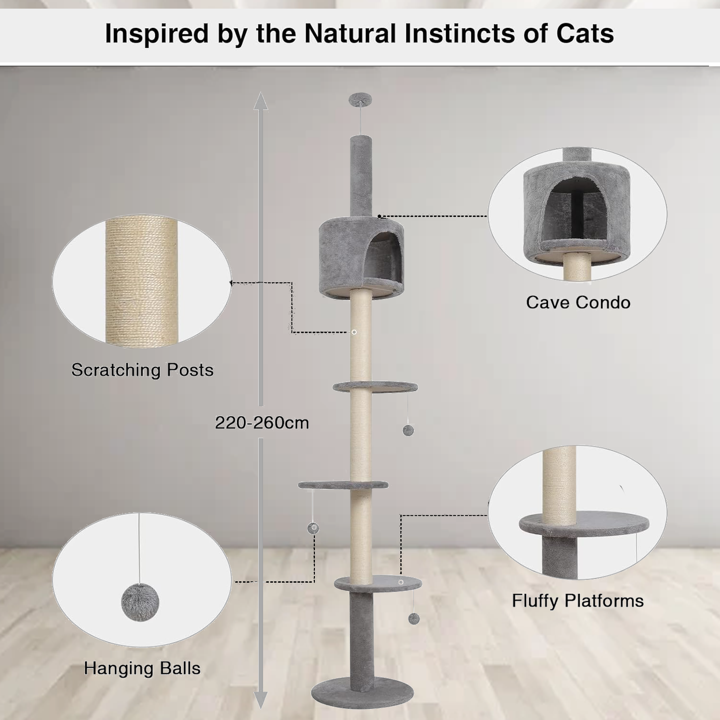 Floor To Ceiling Cat Tree – 220-260cm 4-Tier Climbing Tower Tall Scratching Post for Cats
