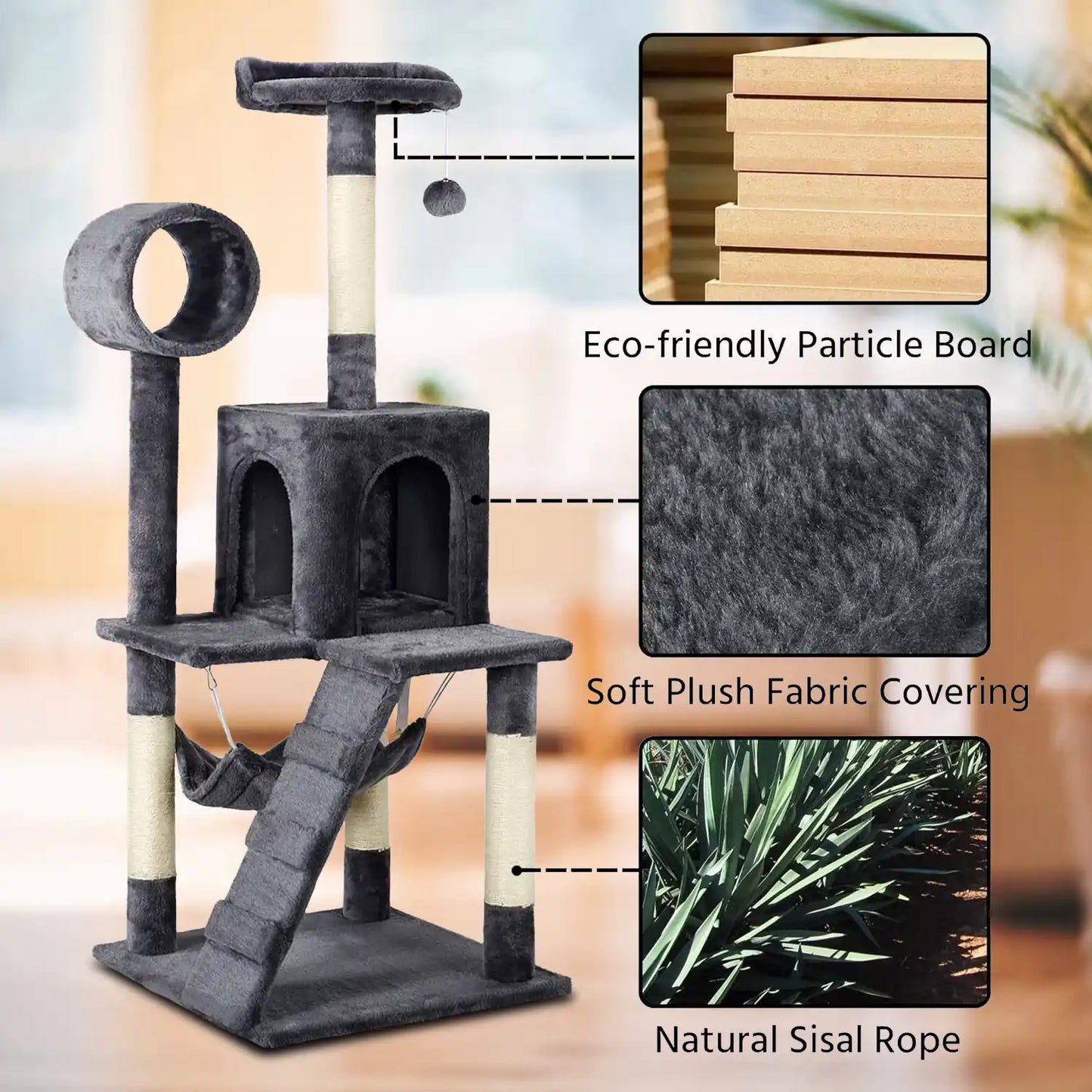 Cat Tree Scratching Post – 130cm Multi-Level Tower with Scratching Posts and Cozy Hideouts