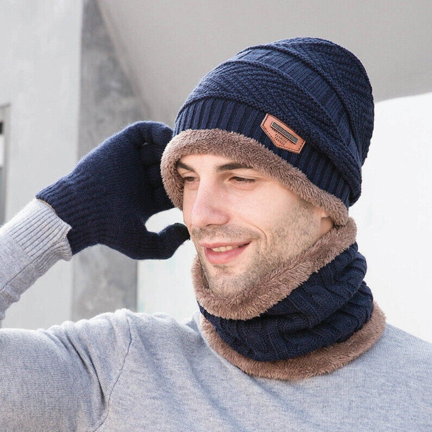 Hat Scarf and Gloves Set - 3pcs Mens Winter Thermal Beanie Knit Hat Glove Neck Scarf Set Men Ski Snow Caps