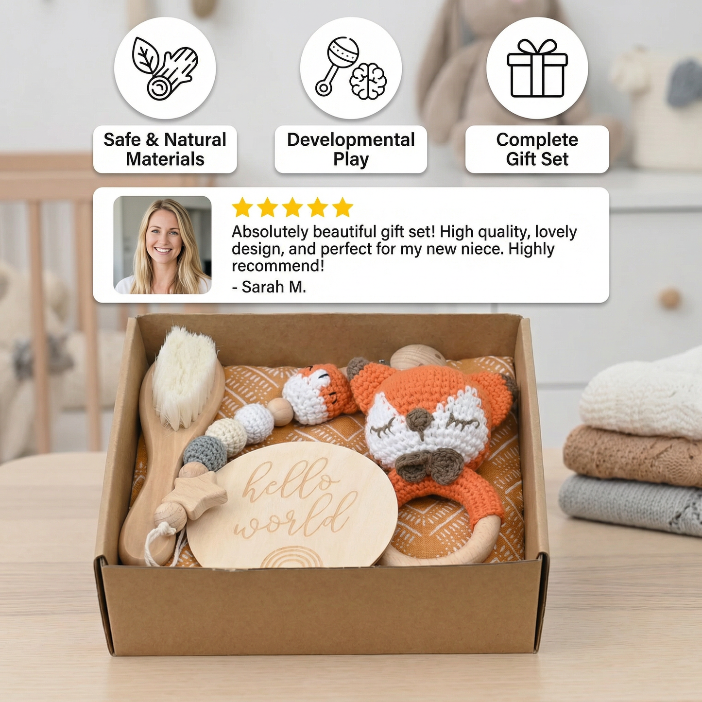 Newborn Gift Box – Crochet Animal Rattle, Wooden Toy, Muslin Blanket & Pacifier Clip