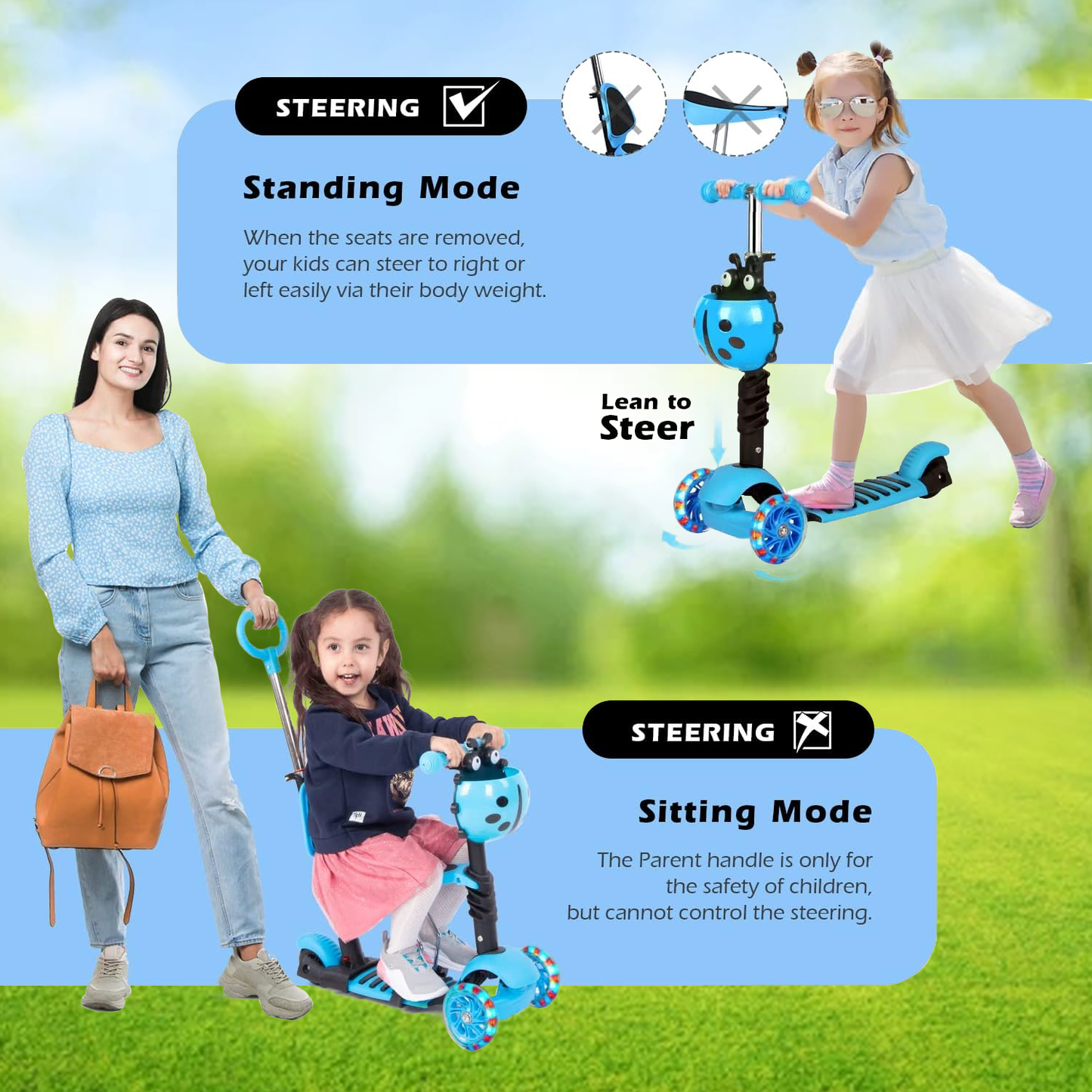 Kids Push Scooter – 5 in 1 Adjustable Height Removable Seat LED Flashing 3 Wheels
