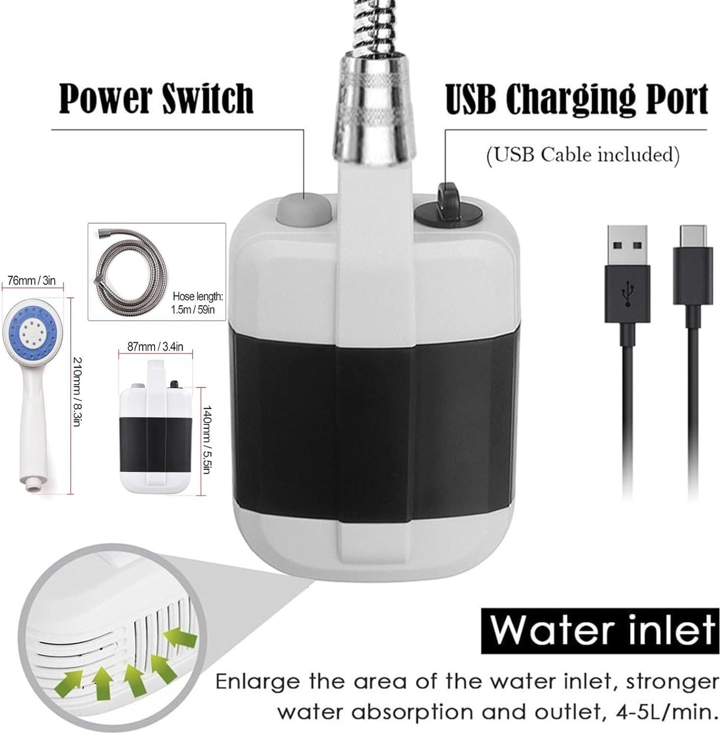 Portable Camping Shower - Outdoor Shower USB Rechargeable Shower Water Pump for Camp Hiking