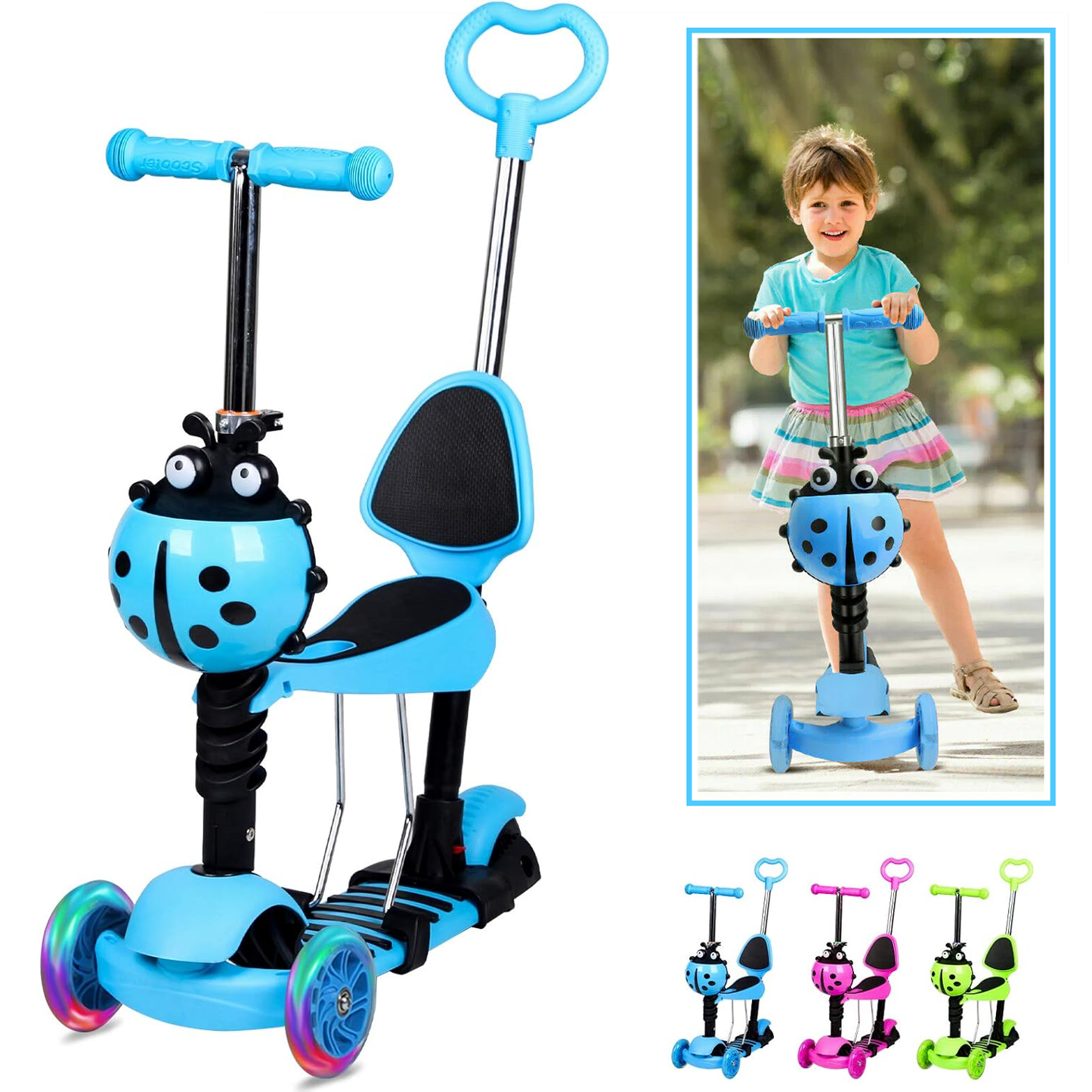 Kids Push Scooter – 5 in 1 Adjustable Height Removable Seat LED Flashing 3 Wheels
