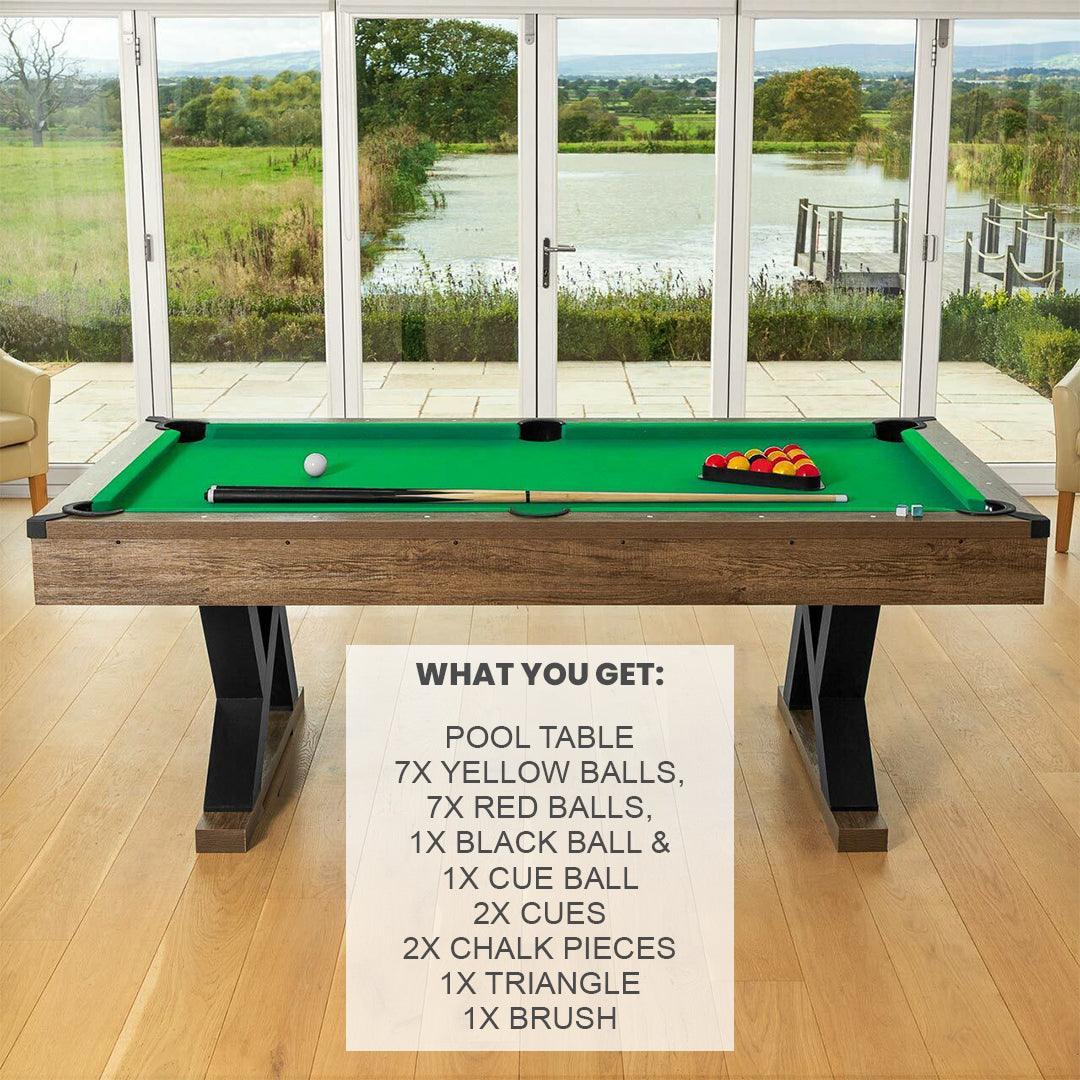 Pinpoint Pool Table - 7ft Wooden Finish Table + 2x Cues, Balls, Chalk & Triangle