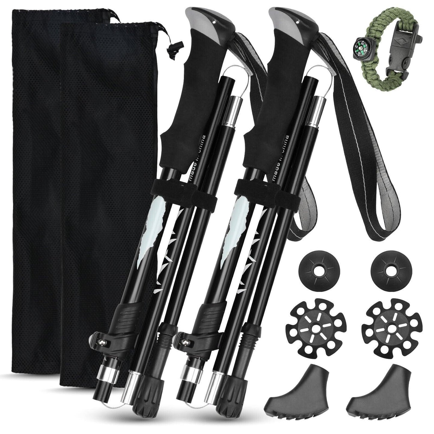 Collapsible Trekking Pole - Multifunctional Compass Paracord Bracelet 2 Pack Folding Trekking Poles