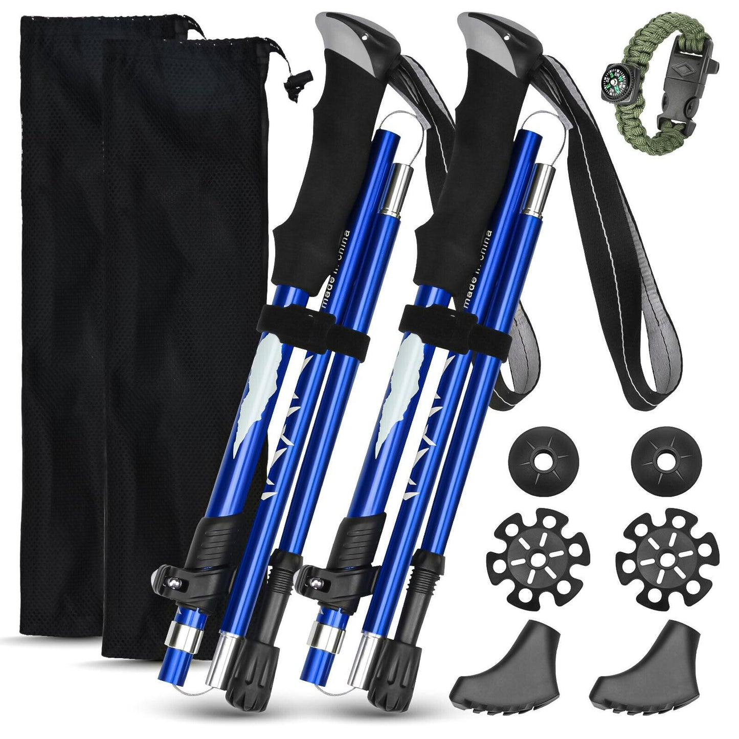 Collapsible Trekking Pole - Multifunctional Compass Paracord Bracelet 2 Pack Folding Trekking Poles