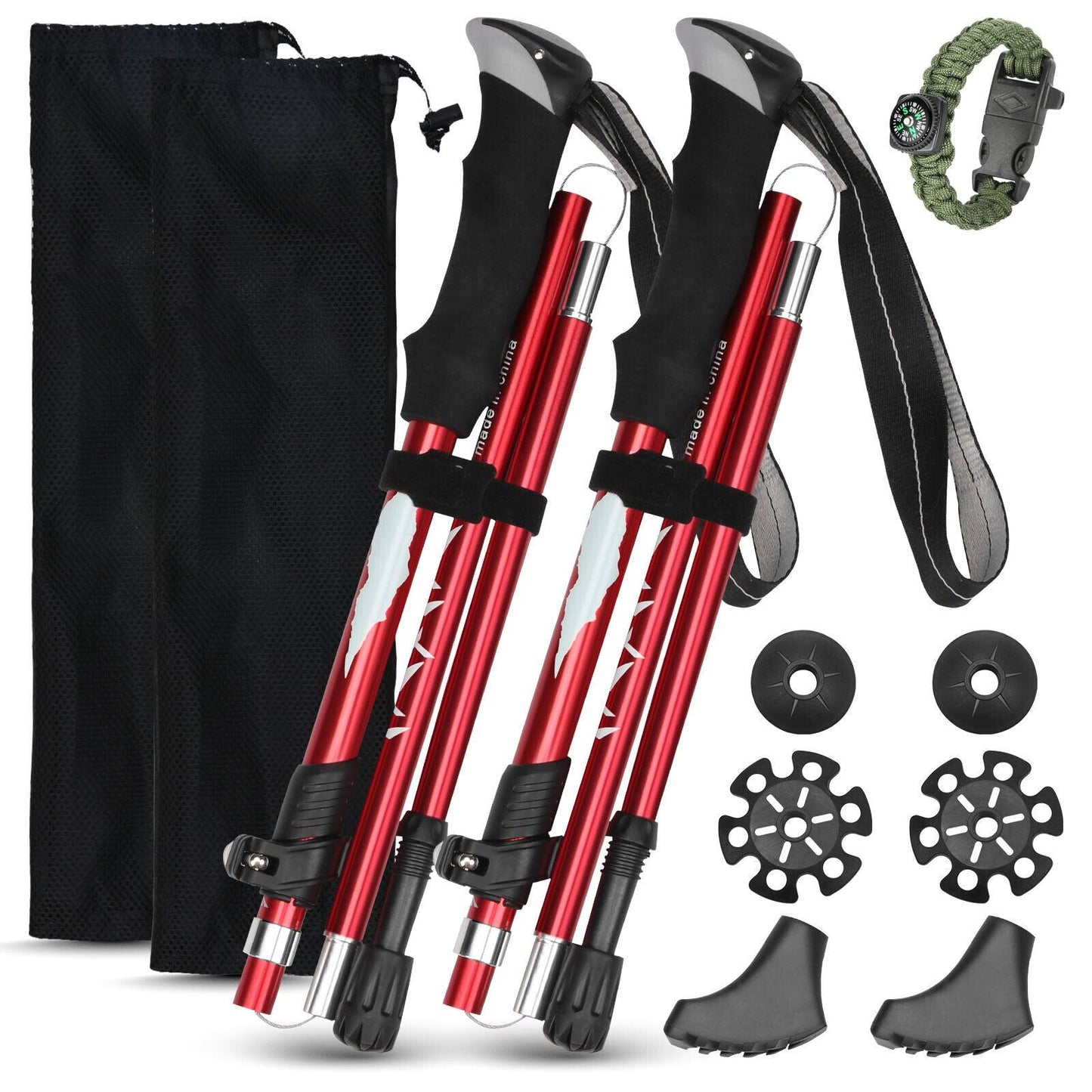 Collapsible Trekking Pole - Multifunctional Compass Paracord Bracelet 2 Pack Folding Trekking Poles
