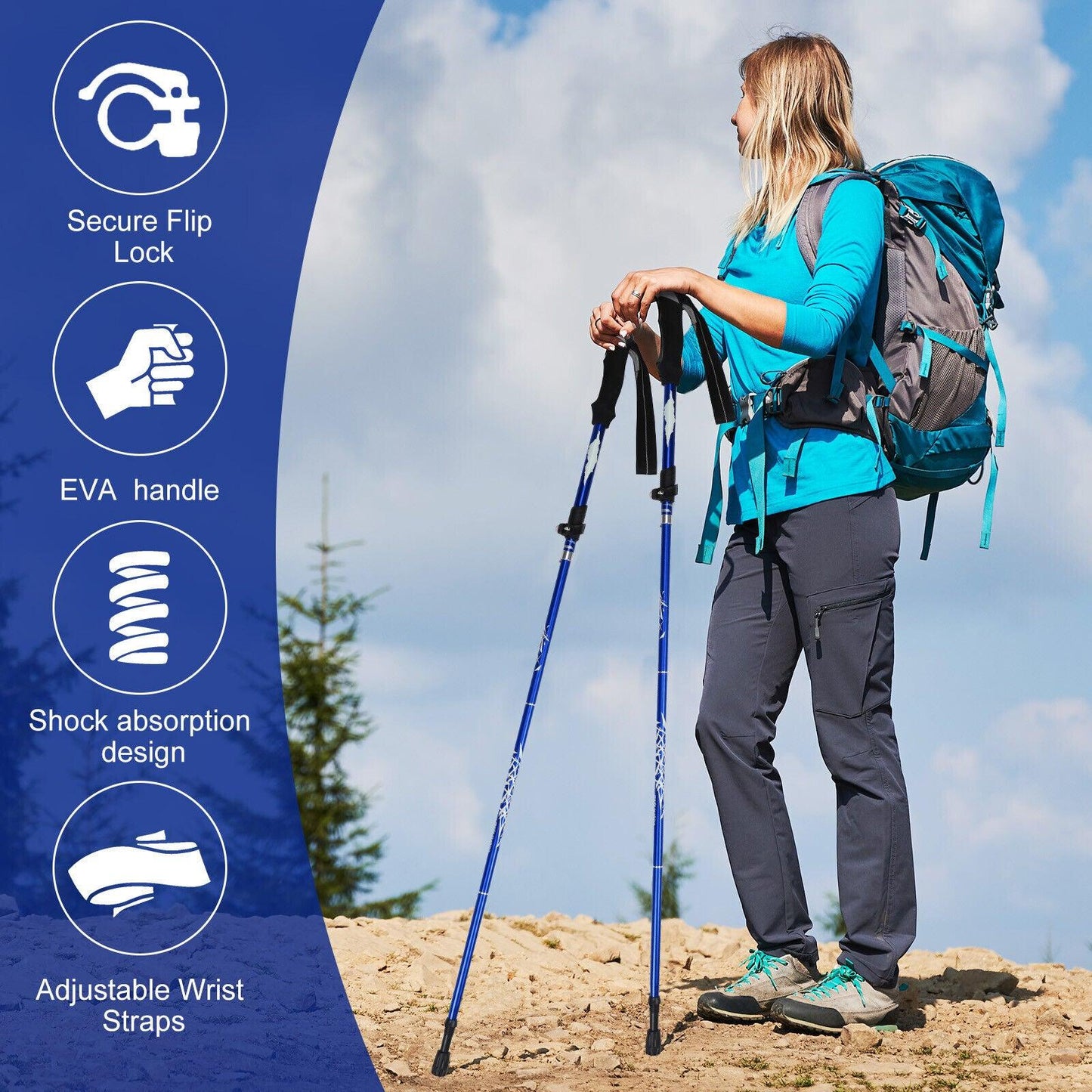 Collapsible Trekking Pole - Multifunctional Compass Paracord Bracelet 2 Pack Folding Trekking Poles