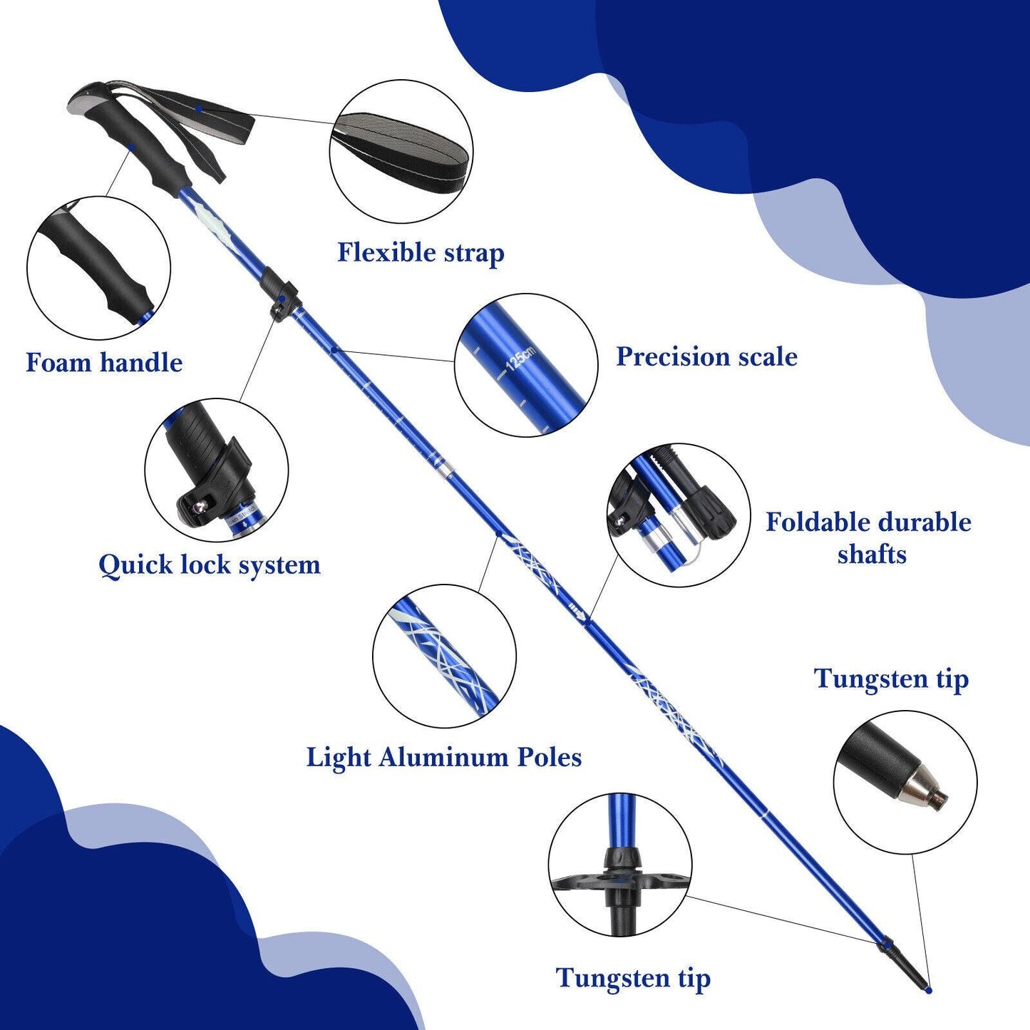 Collapsible Trekking Pole - Multifunctional Compass Paracord Bracelet 2 Pack Folding Trekking Poles