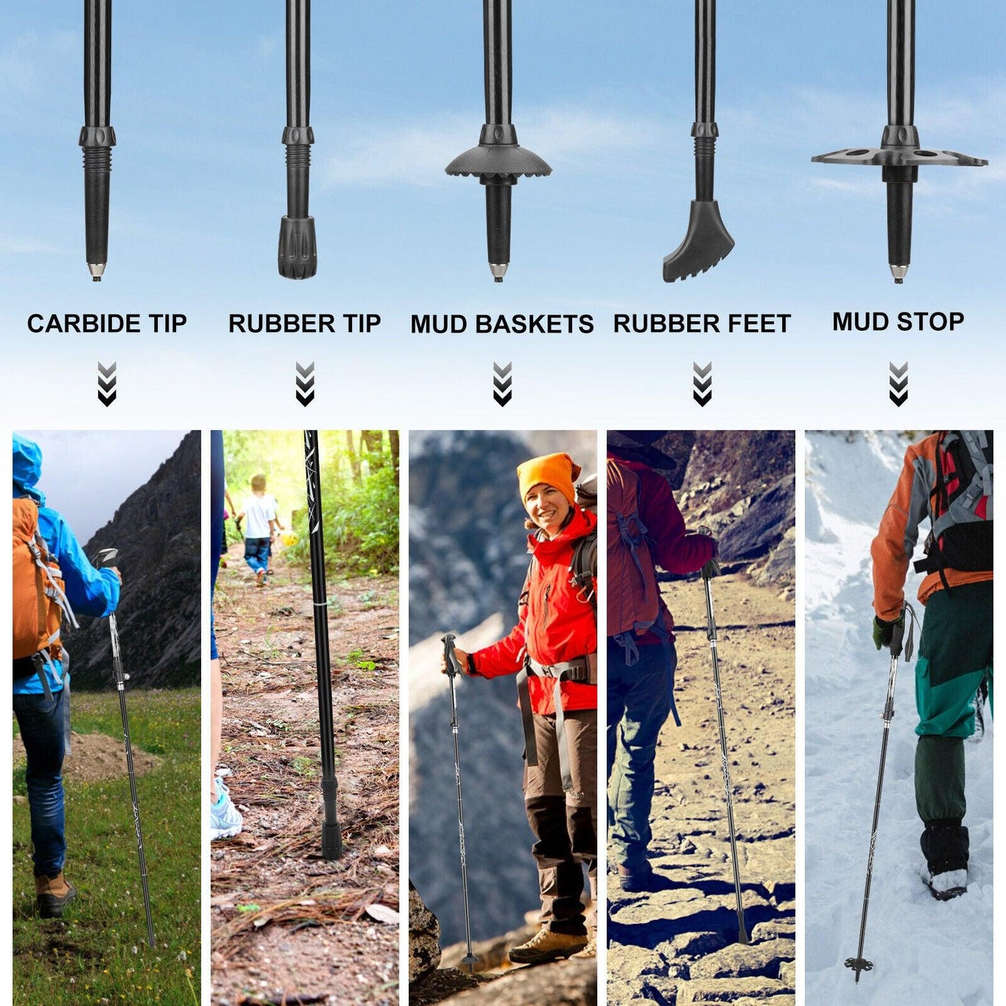 Collapsible Trekking Pole - Multifunctional Compass Paracord Bracelet 2 Pack Folding Trekking Poles