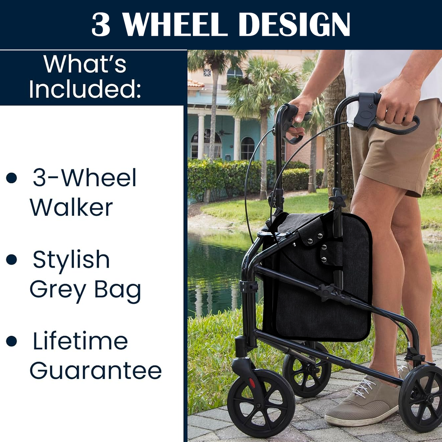 Three Wheeled Mobility Walker – Foldable Lightweight Rollator with Brakes & Storage Bag