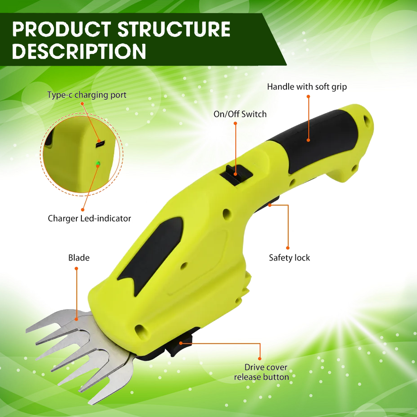 Hedge Trimmer Cutter – Cordless 3.6V Handheld Electric Shrub and Grass Cutter with Charger