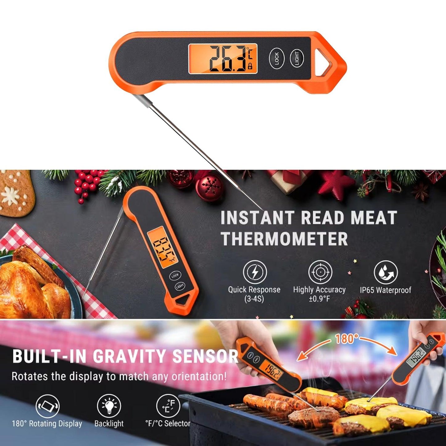 Food Cooking Thermometer - Digital Meat Thermometer for Cooking with Ambidextrous Backlit, Waterproof Meat Thermometer Probe for Kitchen Food Temperature BBQ Grill Smoker Oil Fry Candy Instant Read Thermometer