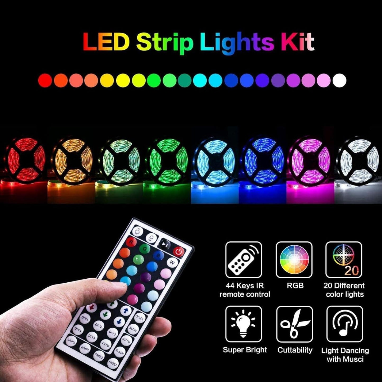 RGB LED Strip Light - 1-20M LED Strip Lights 5050 RGB Colour Changing Tape Cabinet Kitchen TV Lighting Indoor/Outdoor Decor