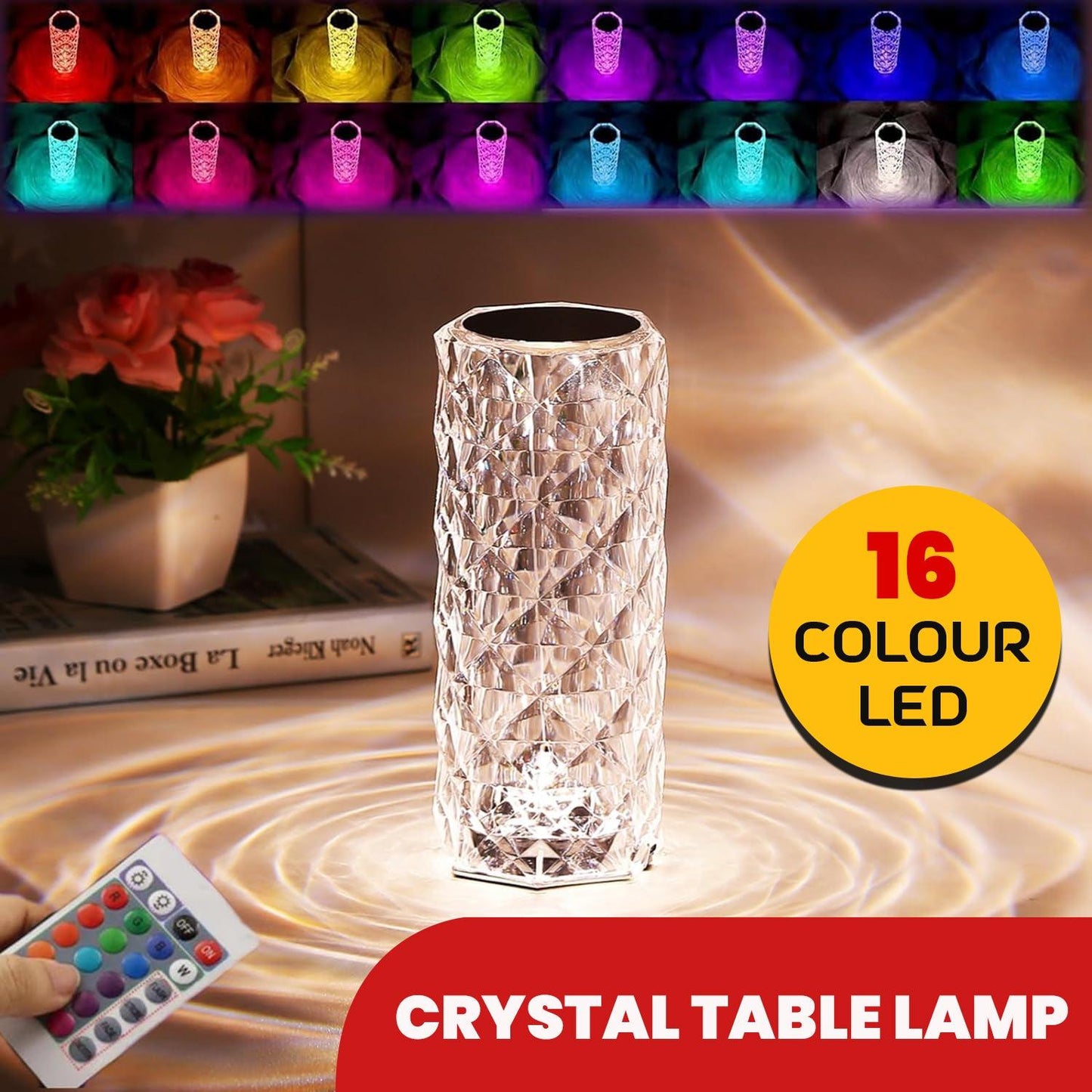 Colour Changing  LED Lamp - 16 Colour LED Crystal Table Lamp Diamond Rose Night Light Touch & Remote USB