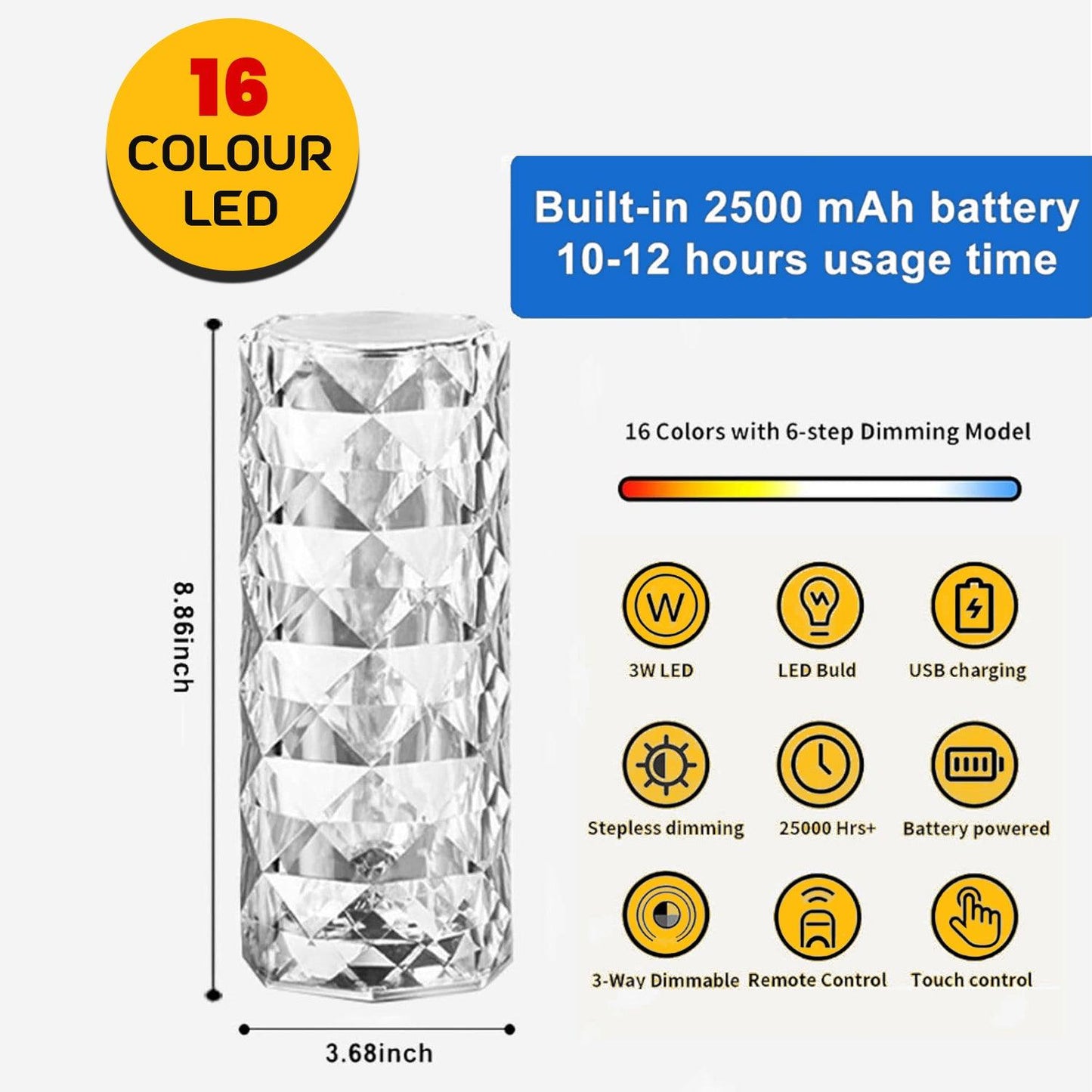 Colour Changing  LED Lamp - 16 Colour LED Crystal Table Lamp Diamond Rose Night Light Touch & Remote USB