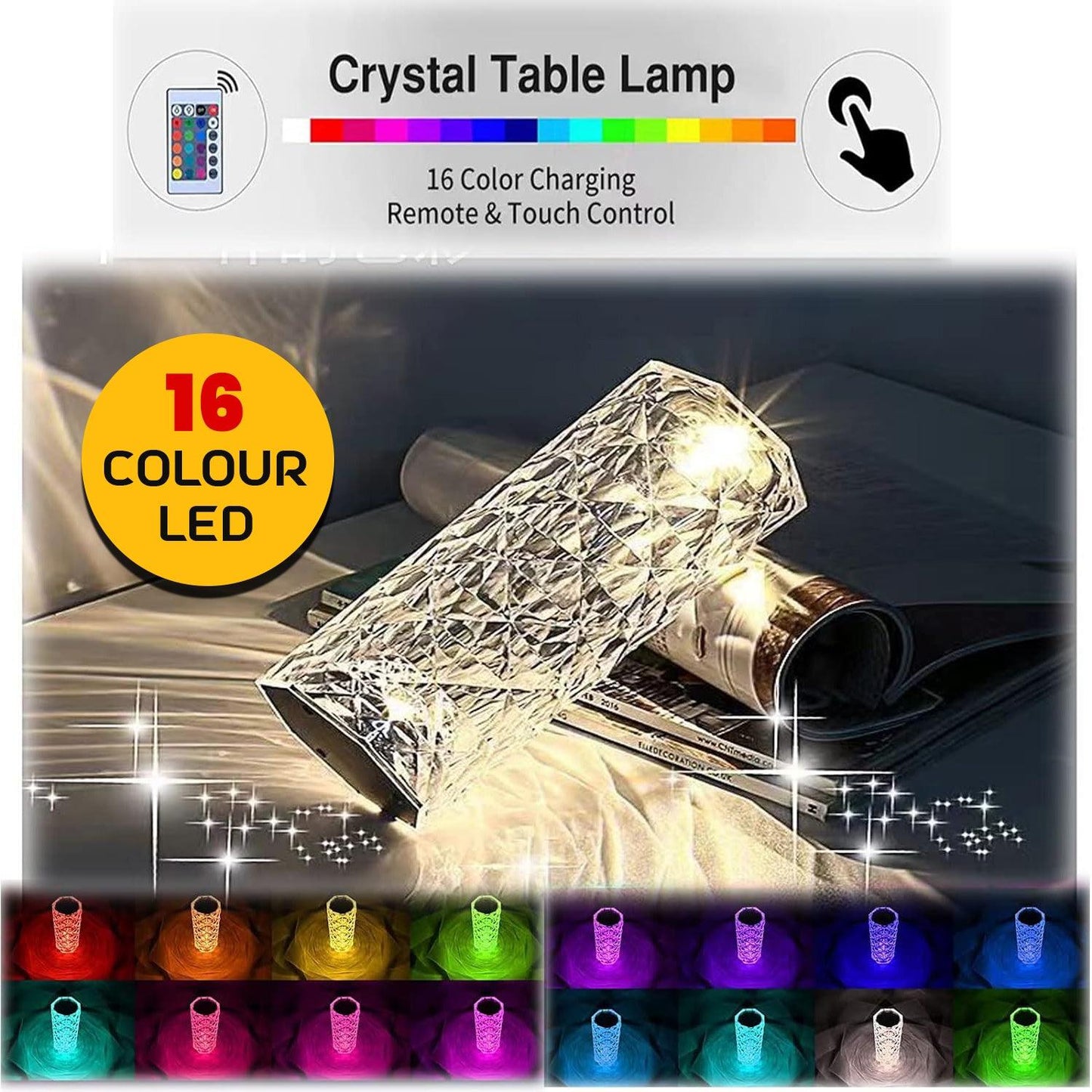 Colour Changing  LED Lamp - 16 Colour LED Crystal Table Lamp Diamond Rose Night Light Touch & Remote USB