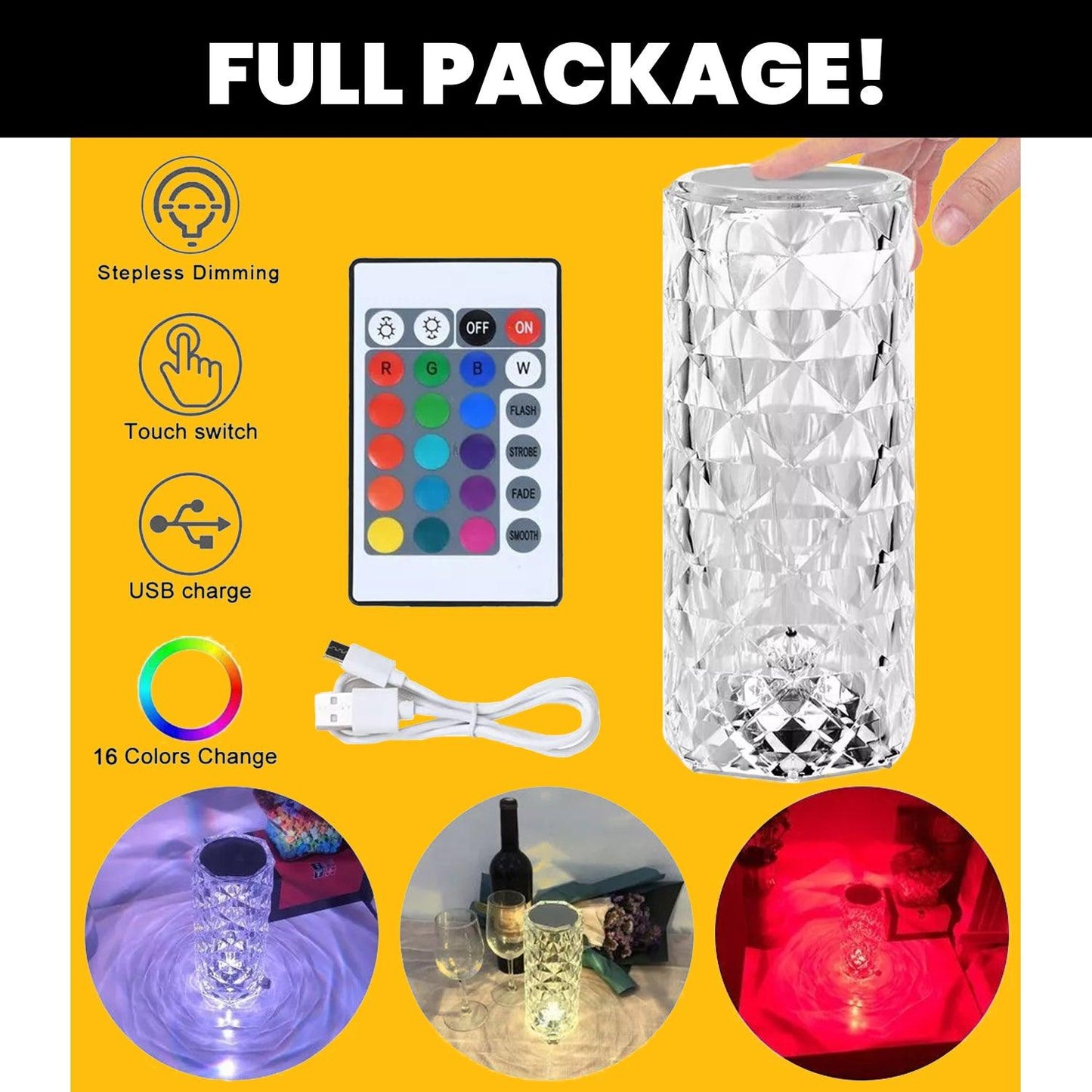 Colour Changing  LED Lamp - 16 Colour LED Crystal Table Lamp Diamond Rose Night Light Touch & Remote USB