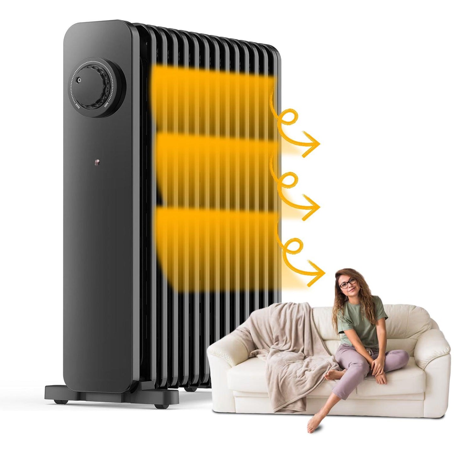 Room Heater Electric - Heater Oil Radiator with Adjustable Thermostat and 3 Heat Settings Oil Filled Heater with Overheat Protection (2500W, Knob Control)