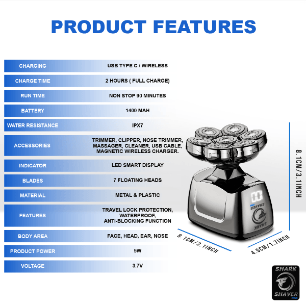 Shark Shaver Pro - Platinum Men's Electric Skull Shaver For Head & Face