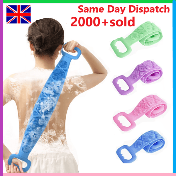 Silicone Bath Body Brush - Silicon Long Body Cleaning Double Sided Back Scrubber Bath Shower Belt Brush UK