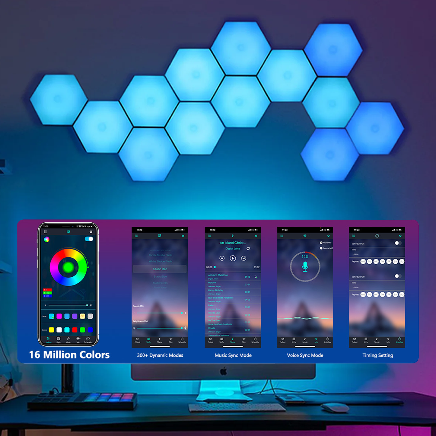 Hexagon Lights for Wall – 6~12PCS Smart LED Hex Lights with Remote Control & Expandable Design Music Sync Wall Lights