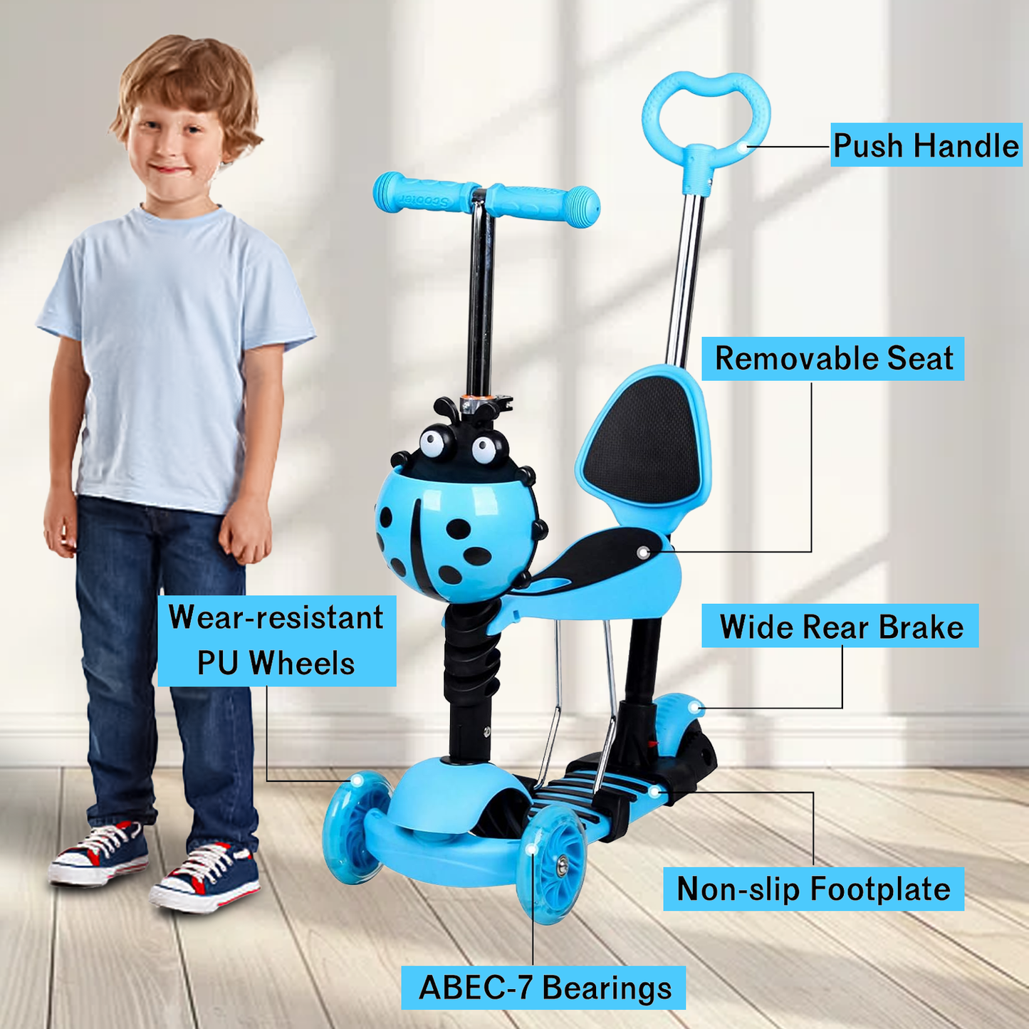 Kids Push Scooter – 5 in 1 Adjustable Height Removable Seat LED Flashing 3 Wheels