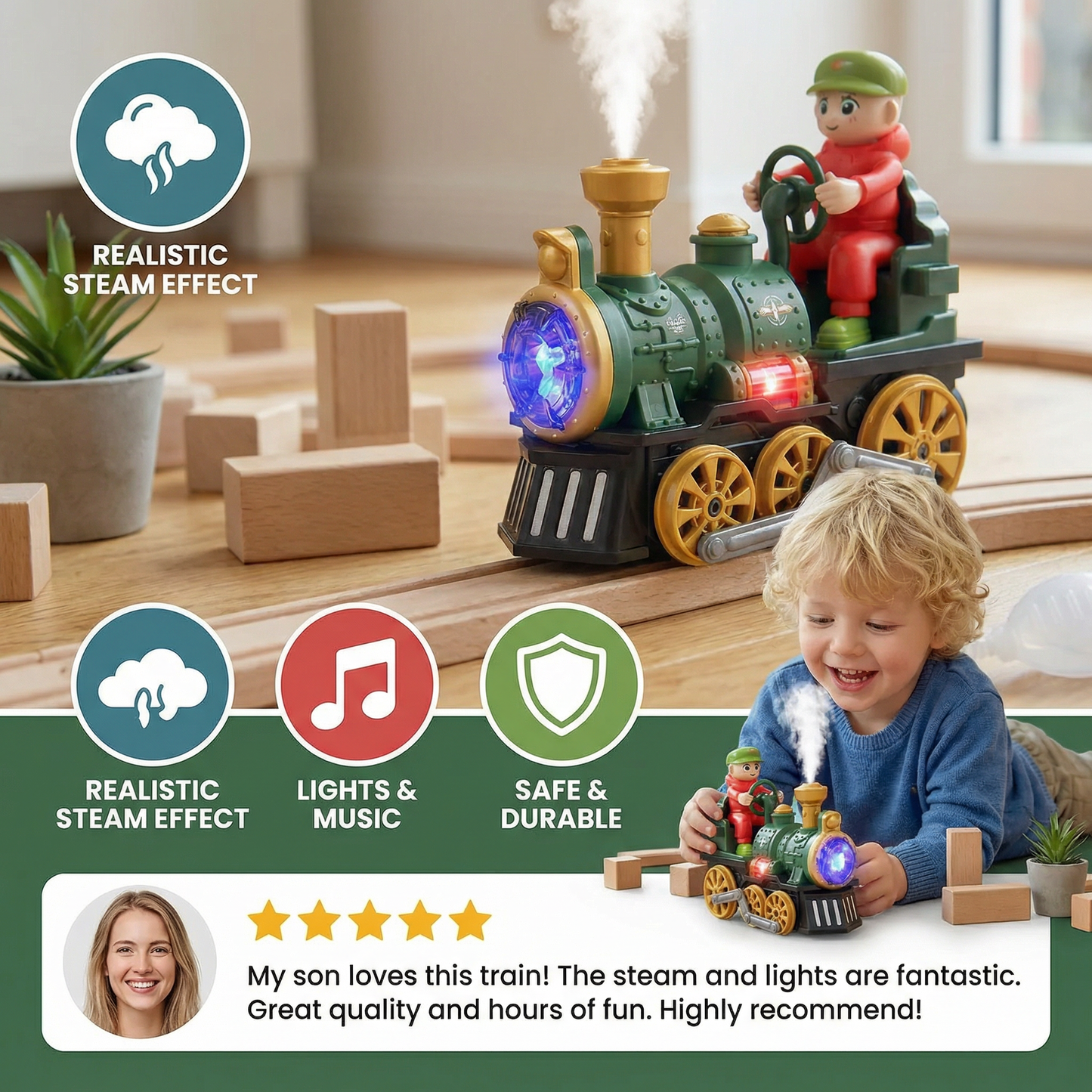 Cute Steam Train Toy with Lights, Music & Realistic Steam Effect