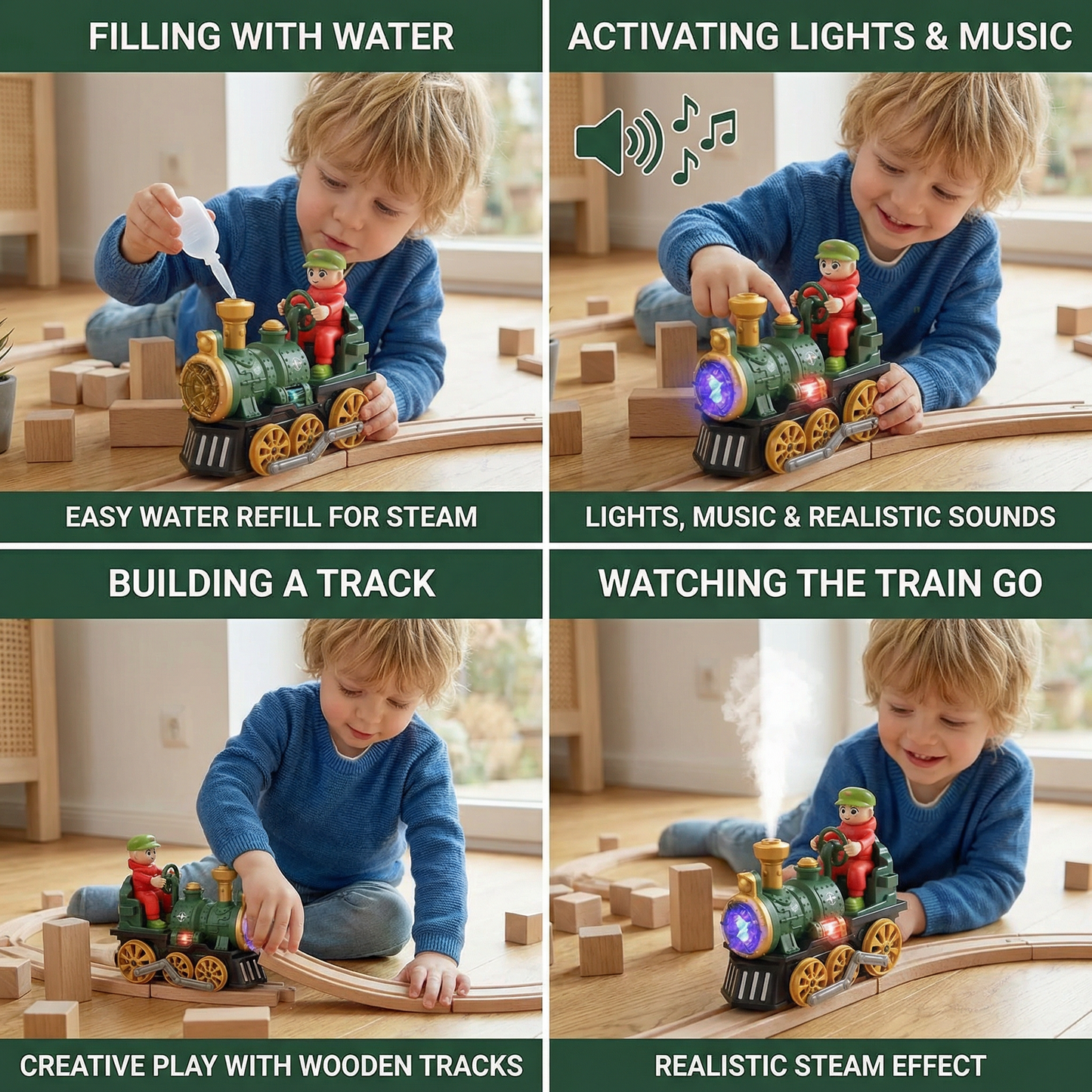 Cute Steam Train Toy with Lights, Music & Realistic Steam Effect