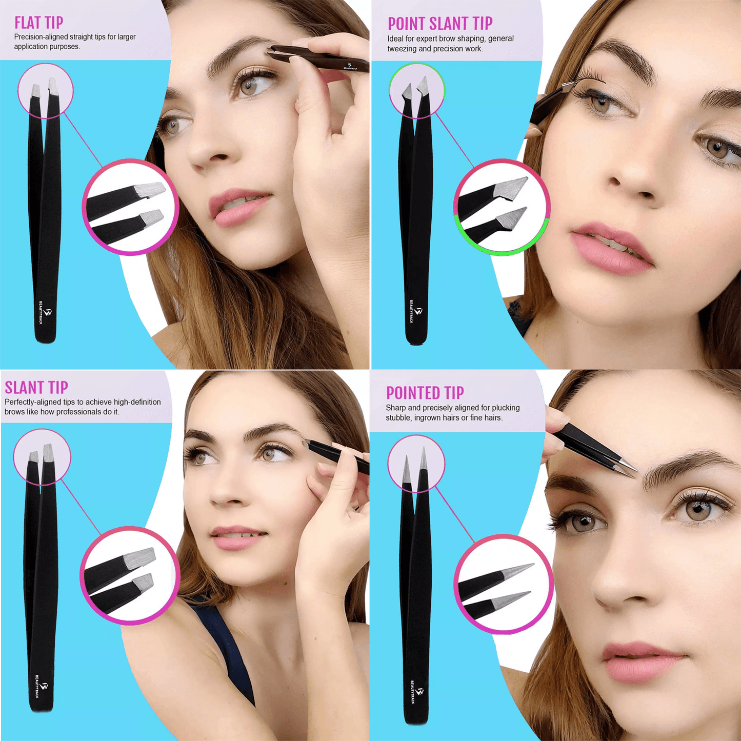 Steel Eyebrow Tweezers - Professional 4-Pieces Hair Beauty Pluckers Set