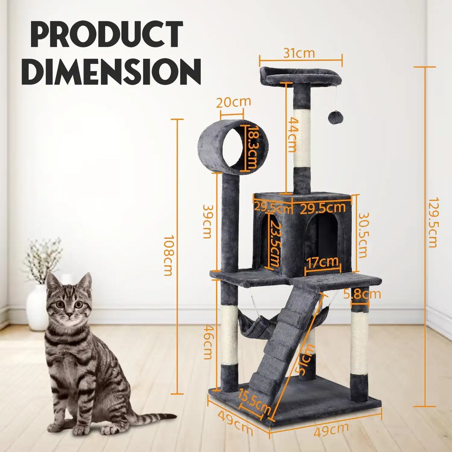 Cat Tree Scratching Post – 130cm Multi-Level Tower with Scratching Posts and Cozy Hideouts