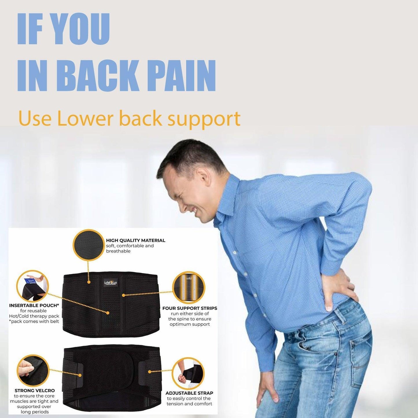 Lower Back Support Belt - Adjustable Back Brace for Lower Back Pain