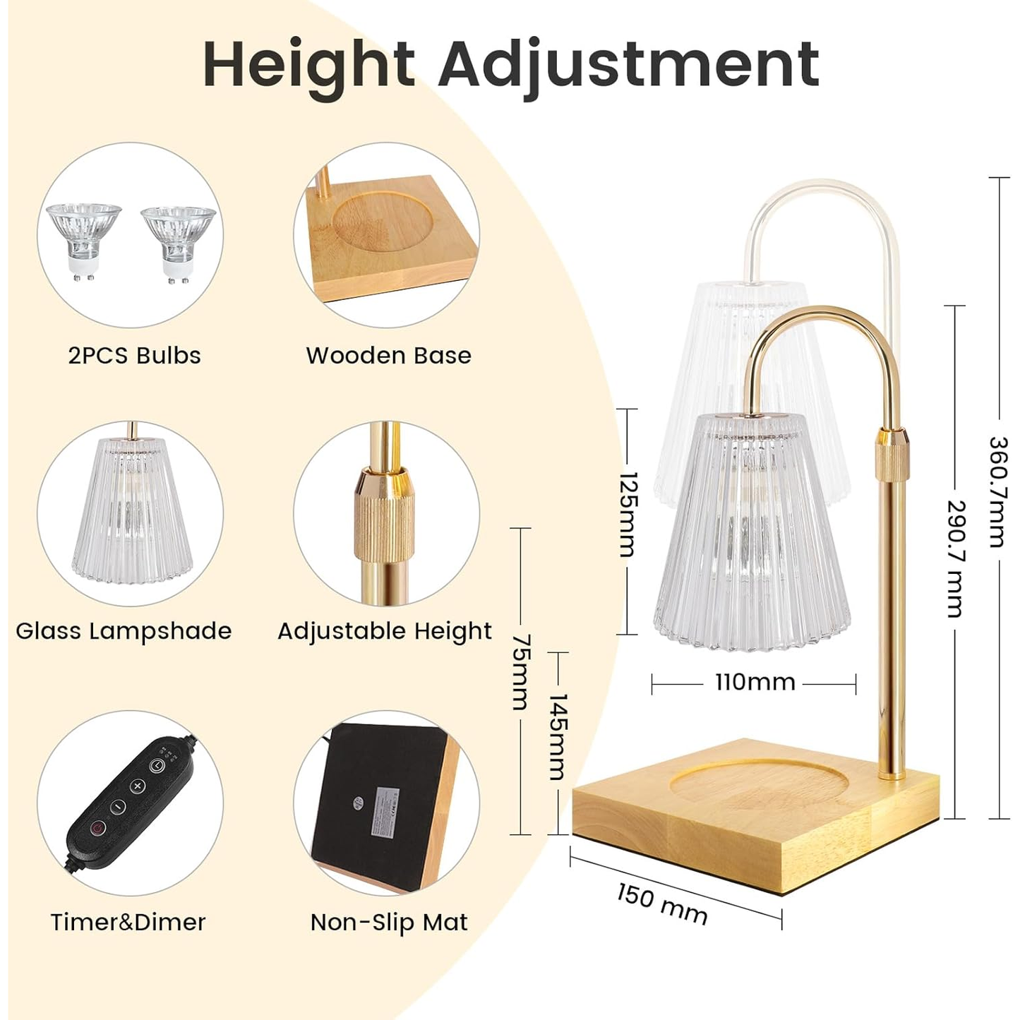 Candle Warmer Lamp – Height Adjustable Dimmable Lamp with Remote & Timer