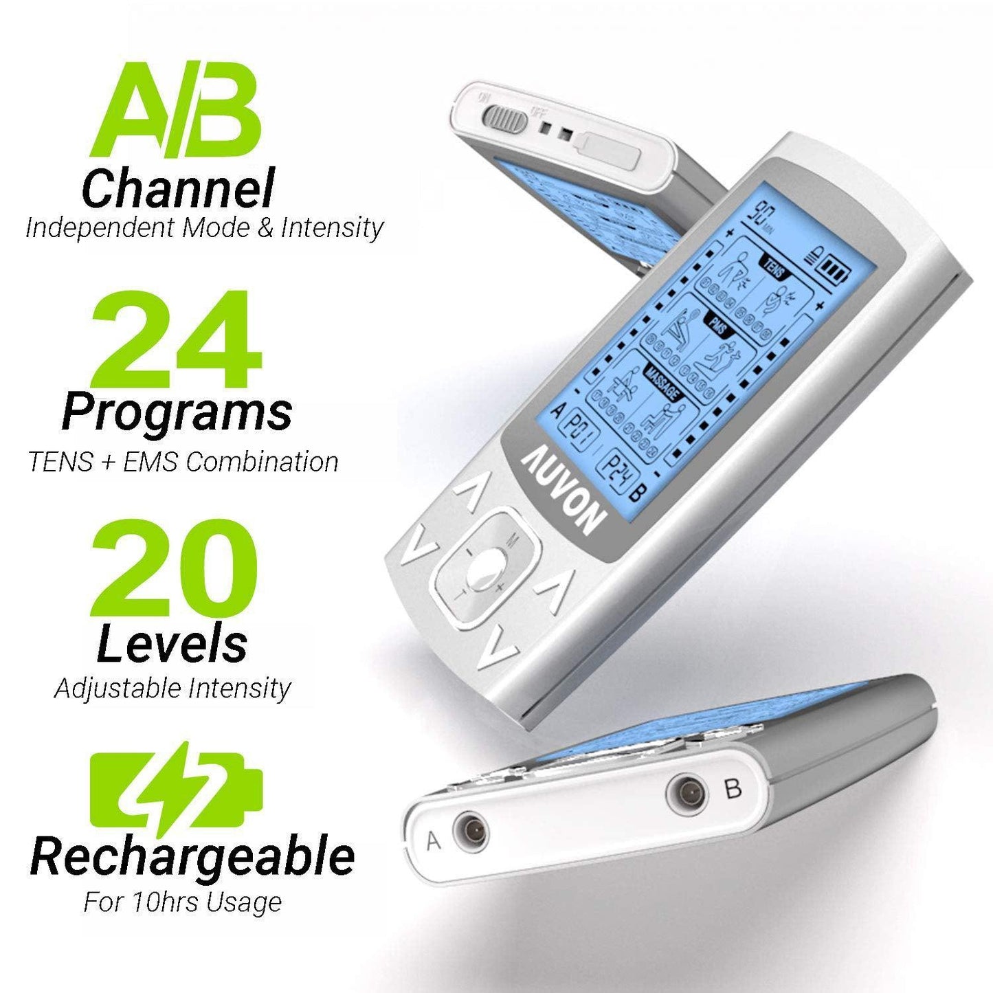 Electro Muscle Stimulation Machine - Dual Channel TENS Machine for Pain Relief | TENS Unit Muscle Stimulator with 20 Modes | 2″ and 2″x4″ TENS Pads