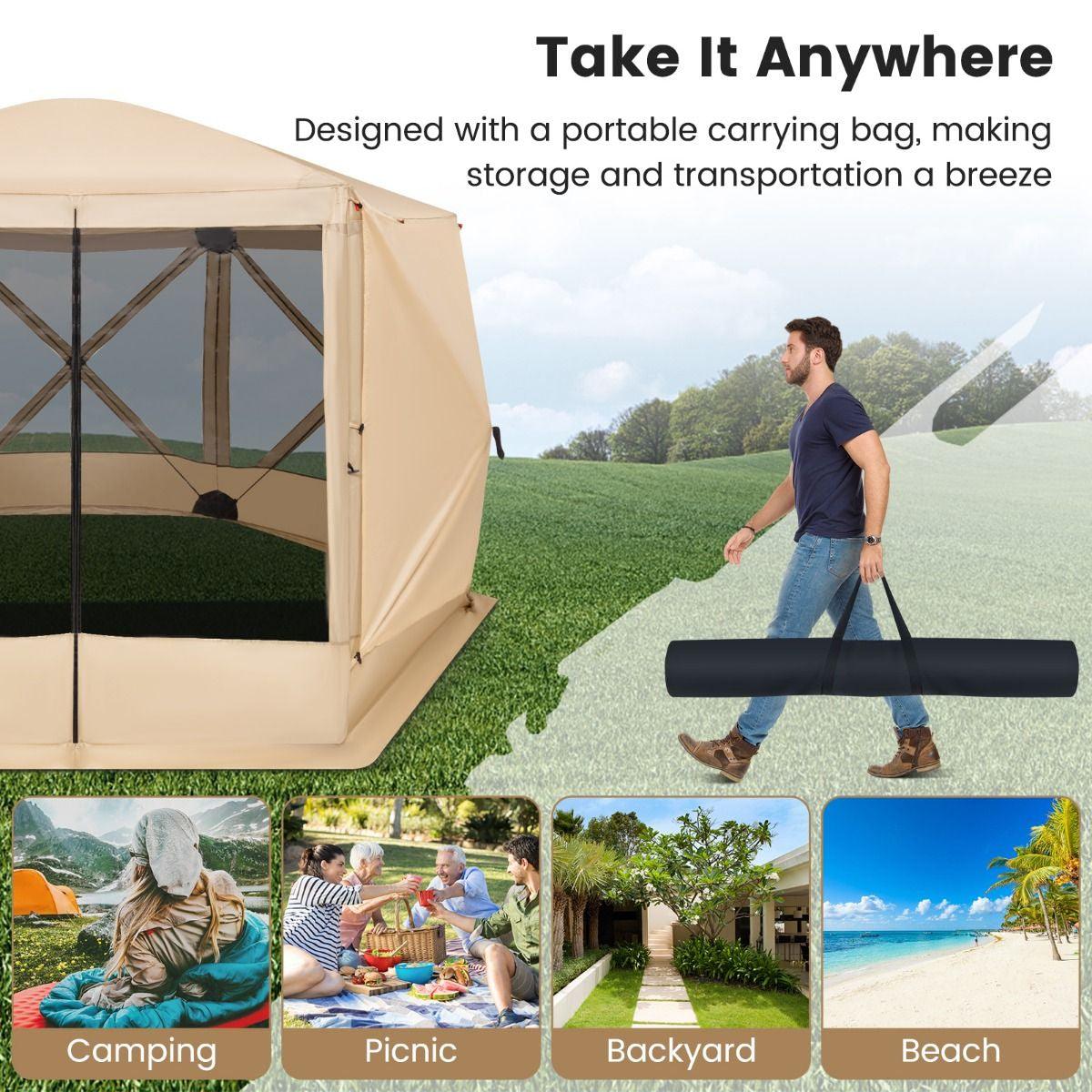 Family Camping Tent - 6-Sided Camping Gazebo Instant Setup Hub Tent with Portable Carrying Bag