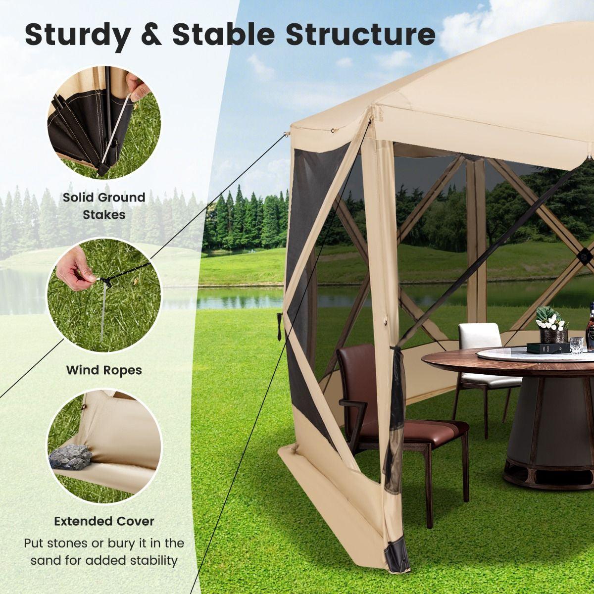 Family Camping Tent - 6-Sided Camping Gazebo Instant Setup Hub Tent with Portable Carrying Bag