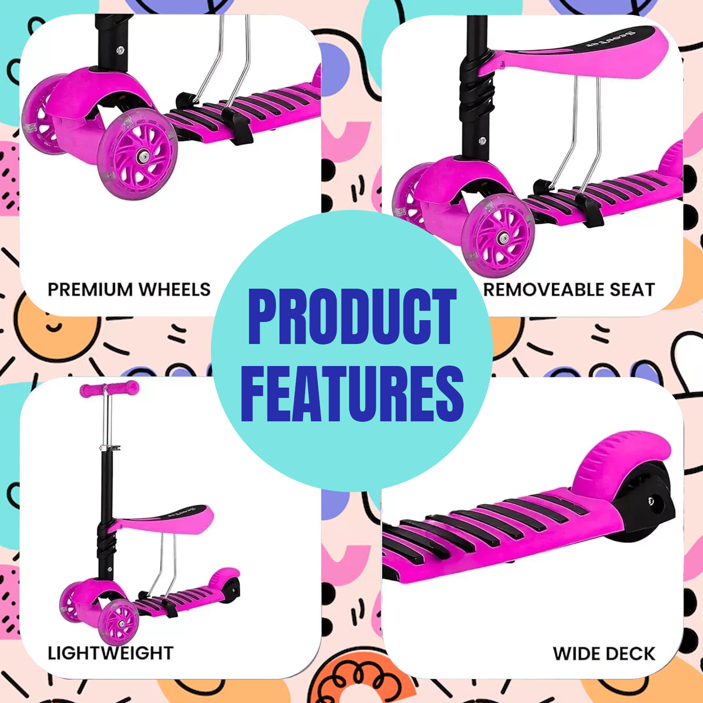 Kids Scooter 3 Wheel – 3 in 1 Height Adjustable Toddler Scooter with Removeable Seat for Boys & Girls