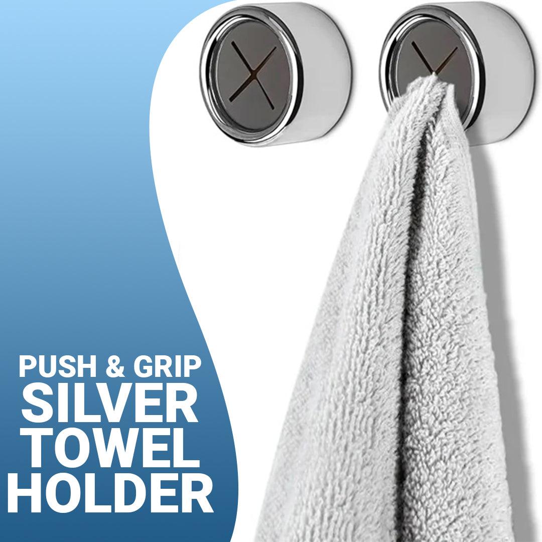 Tea Towel Holders Push and Grip - PUSH & GRIP Silver Towel Holder Triple Hooks Self adhesive No Drilling Bathroom