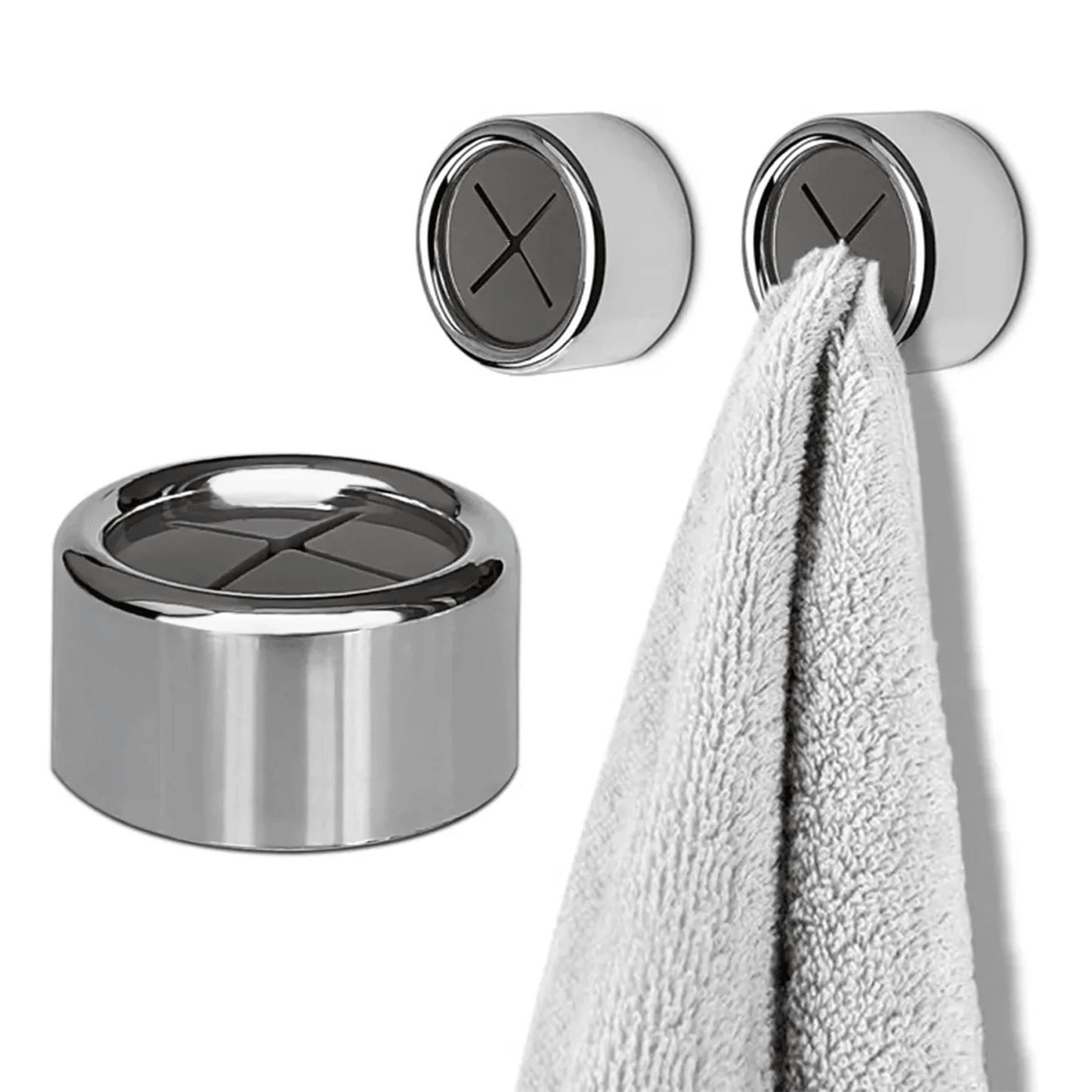 Tea Towel Holders Push and Grip - PUSH & GRIP Silver Towel Holder Triple Hooks Self adhesive No Drilling Bathroom