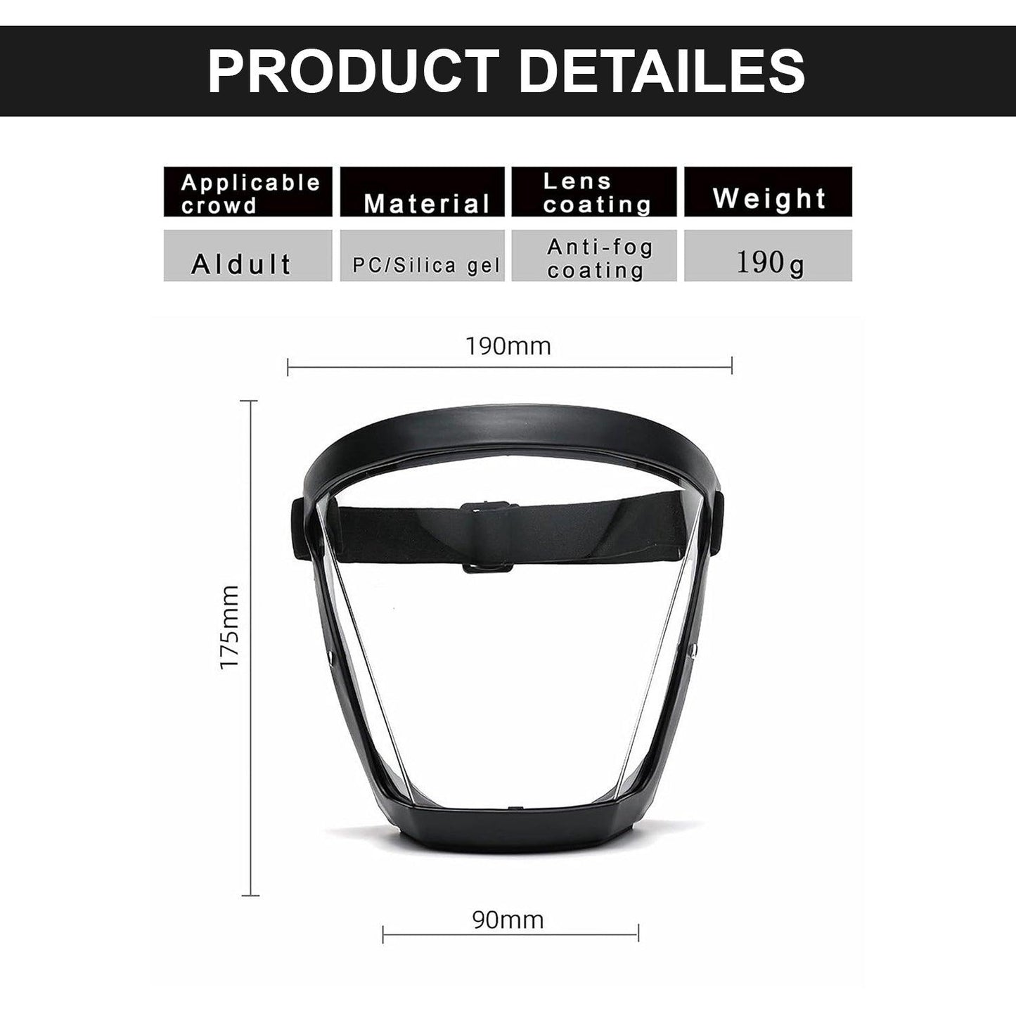 Face Protection Shield - Anti-fog Full Face Shield Protective Head Cover Transparent Safety Mask